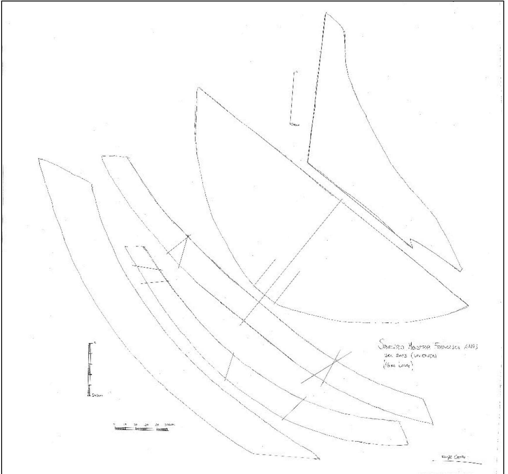 ———— SEE ———— wn ee pe ——  Figure 4-10. A traced and scaled sketch of a saveiro’s molds by Dr. Castro. These molds are used for stern knees, transoms, floors, futtocks, and stems (described from the top). (Image: Reprinted with permission from Castro, 2015)  