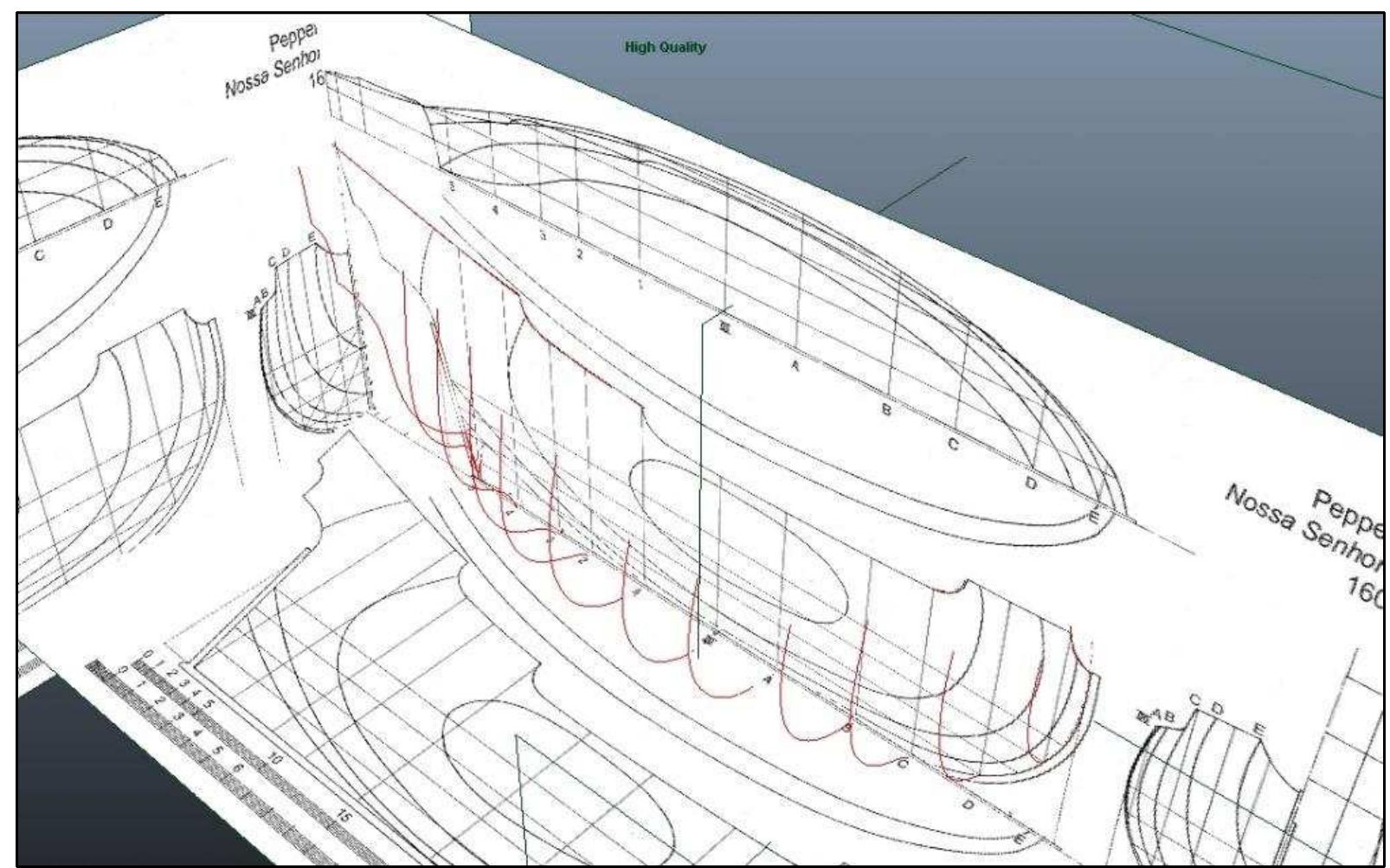 Figure 4-13. An image of the hull of the Pepper Wreck being reconstructed in Maya based on Dr. Castro’s lines drawing. (Image: Y amafune) 