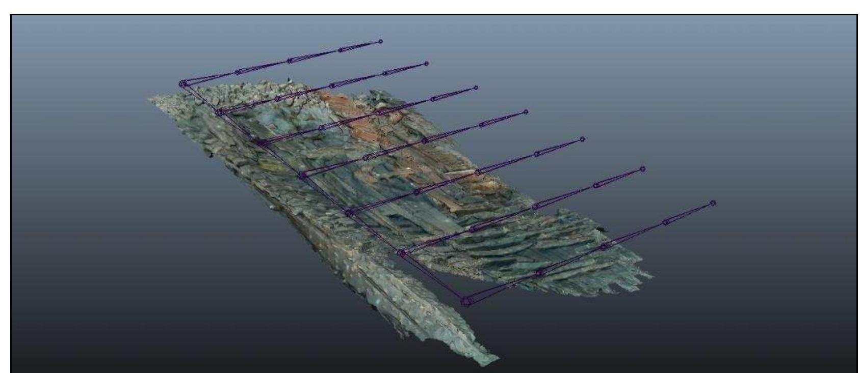 Figure 4-16. Photogrammetric model of the Gnalié shipwreck structures in situ overlaid with the Skeleton tool in Maya. (Image: Y amafune) 