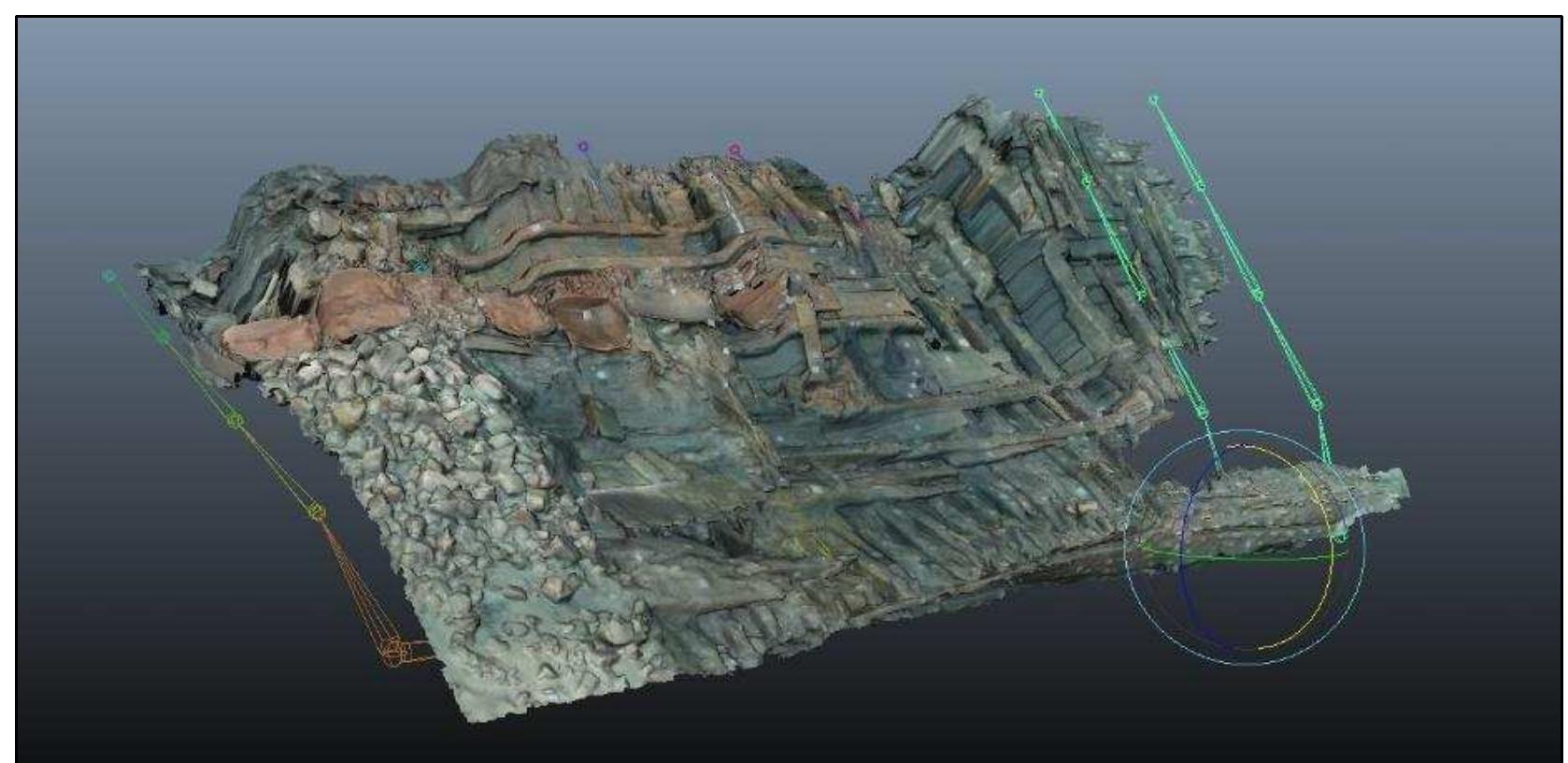 Figure 4-17. Deformation of the Gnali¢é shipwreck site in Maya. Meshes of 3D models change their shape based on the shape of the skeleton. (Image: Y amafune) 