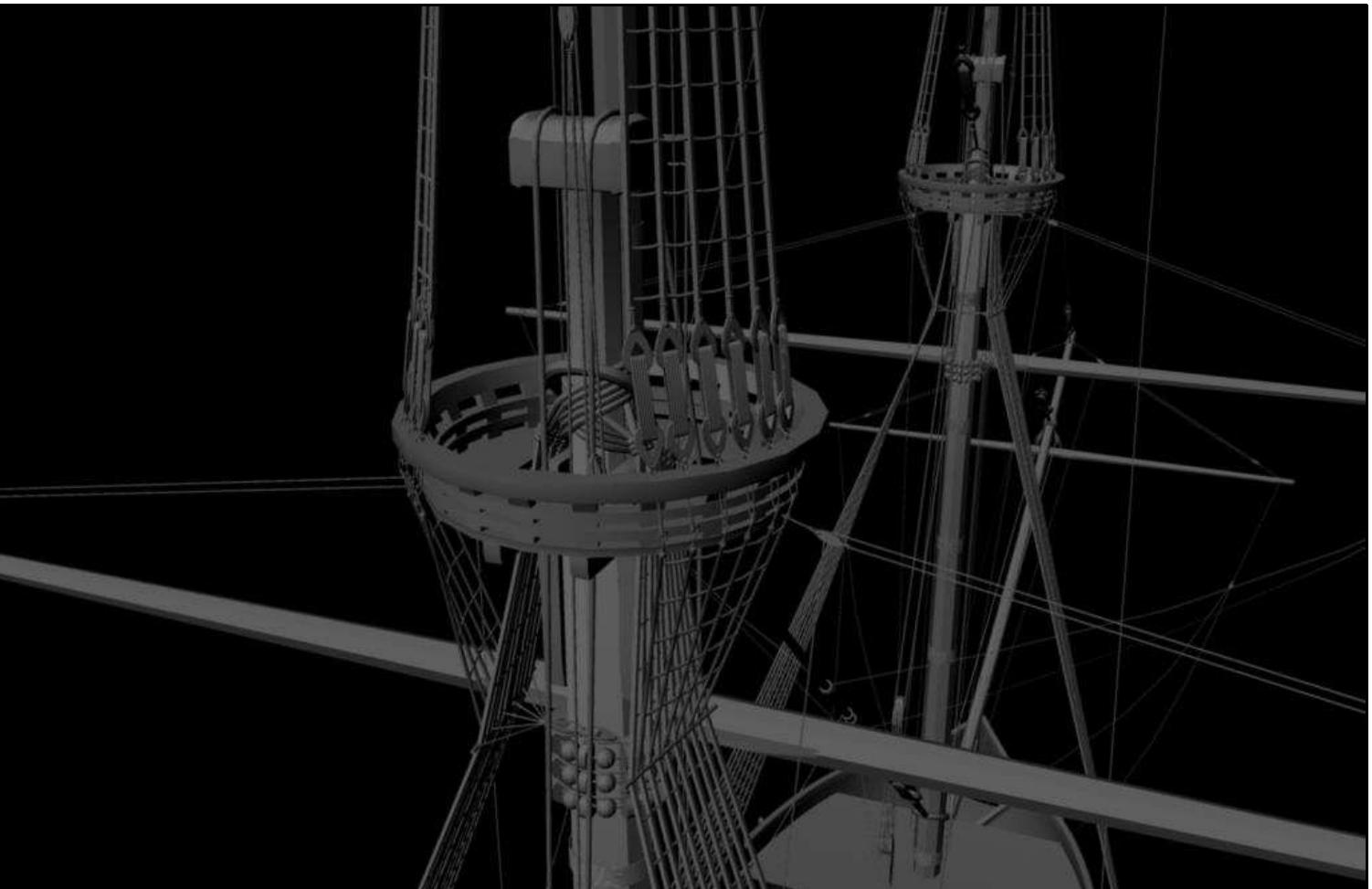 Figure 4-27. Hypothetical reconstruction of an early 17th century rigging arrangement of a Portuguese East Indiaman as an example of Polygon modeling. This 3D model was created based on historical accounts as well as descriptions and iconography about rigging of contemporary ships (Castro, 2003; Castro, 2005b; Castro, 2009; Castro, Fonseca, and Wells, 2010). This information did not indicate exact measurements of the rigging components. Therefore, Polygon modeling is an easier and better choice than NURBS modeling in this case. (Image: Y amafune) 