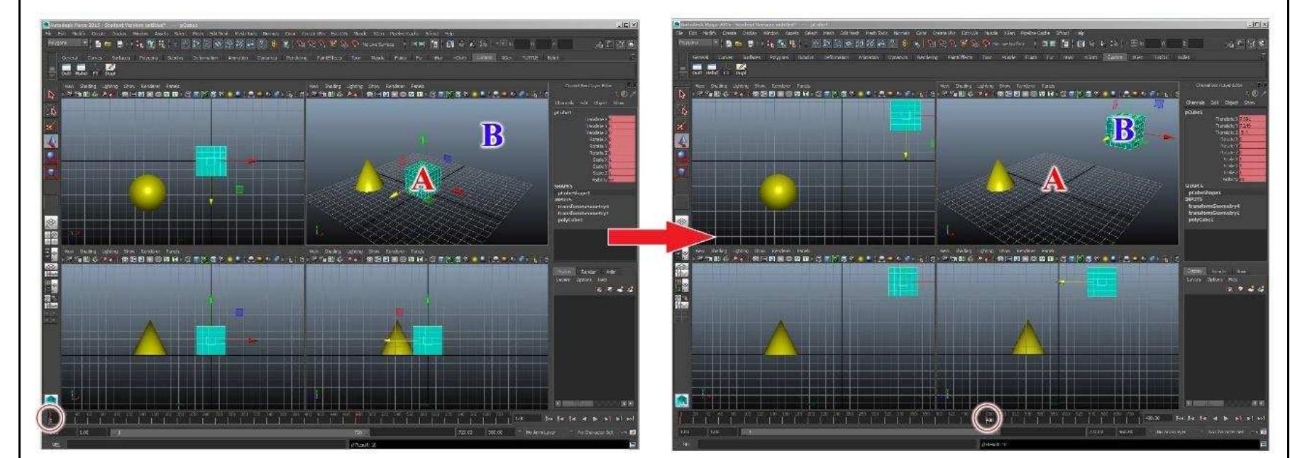 Figure 5-1. An example of simple key frame animation. Keys of the cube are set on frame 1 and 480. Asa result, the cube traveled between two assigned positions from A to B in 20 seconds. (Image: Y amafune)  Consequently, the cube travel from point A to point B in 20 seconds (Fig. 5-1). 