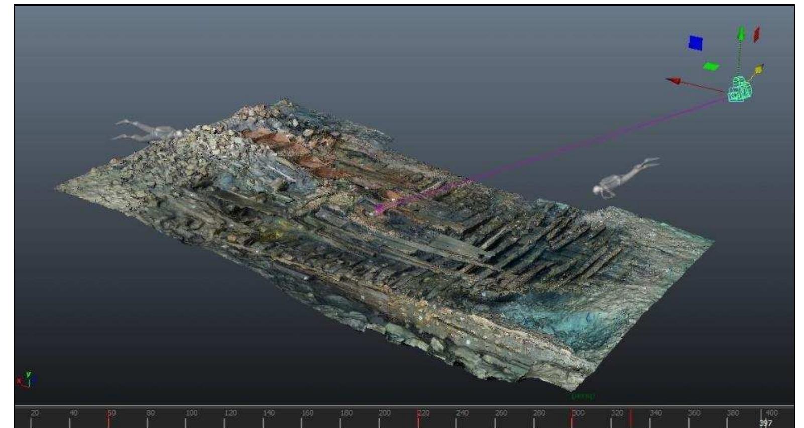Figure 5-3. A created flying camera in Maya. The position of the camera and its aim can be key- animated. Visual Tour Animation can be created through this flying camera’s viewport. (Image: Y amafune) 