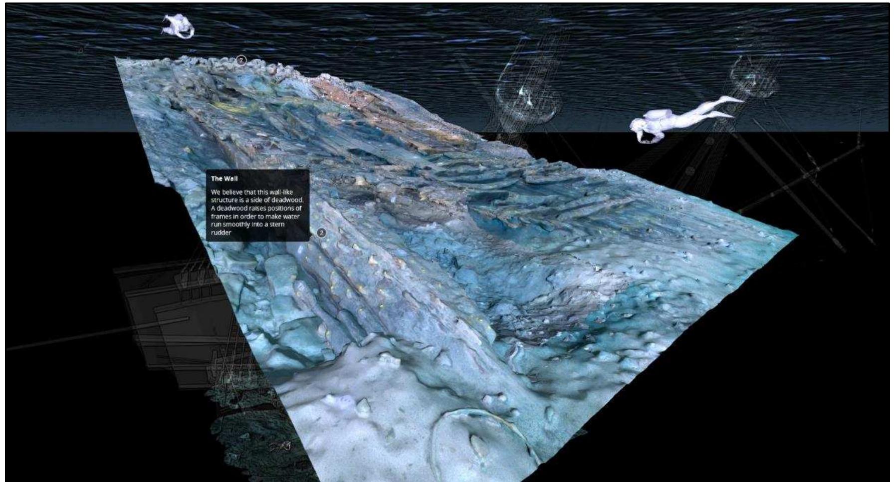Figure 5-5. Photogrammetric model of the Gnalié shipwreck site in Sketchfab. Users can interactively control the position of the camera, or a viewpoint. Also, its annotations can display information related to the models. (Image: Y amafune) 