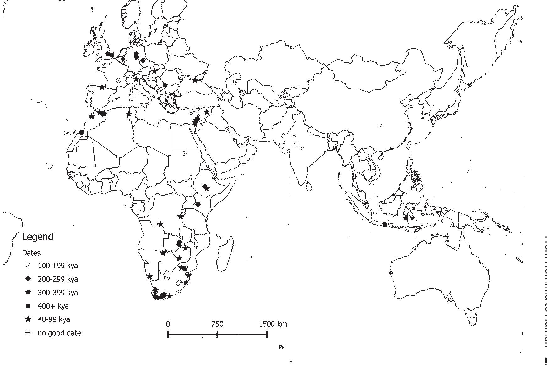 Figure 2. Map of the location of all of the sites in the database of Pleistocene ‘symbolic’ activity. 