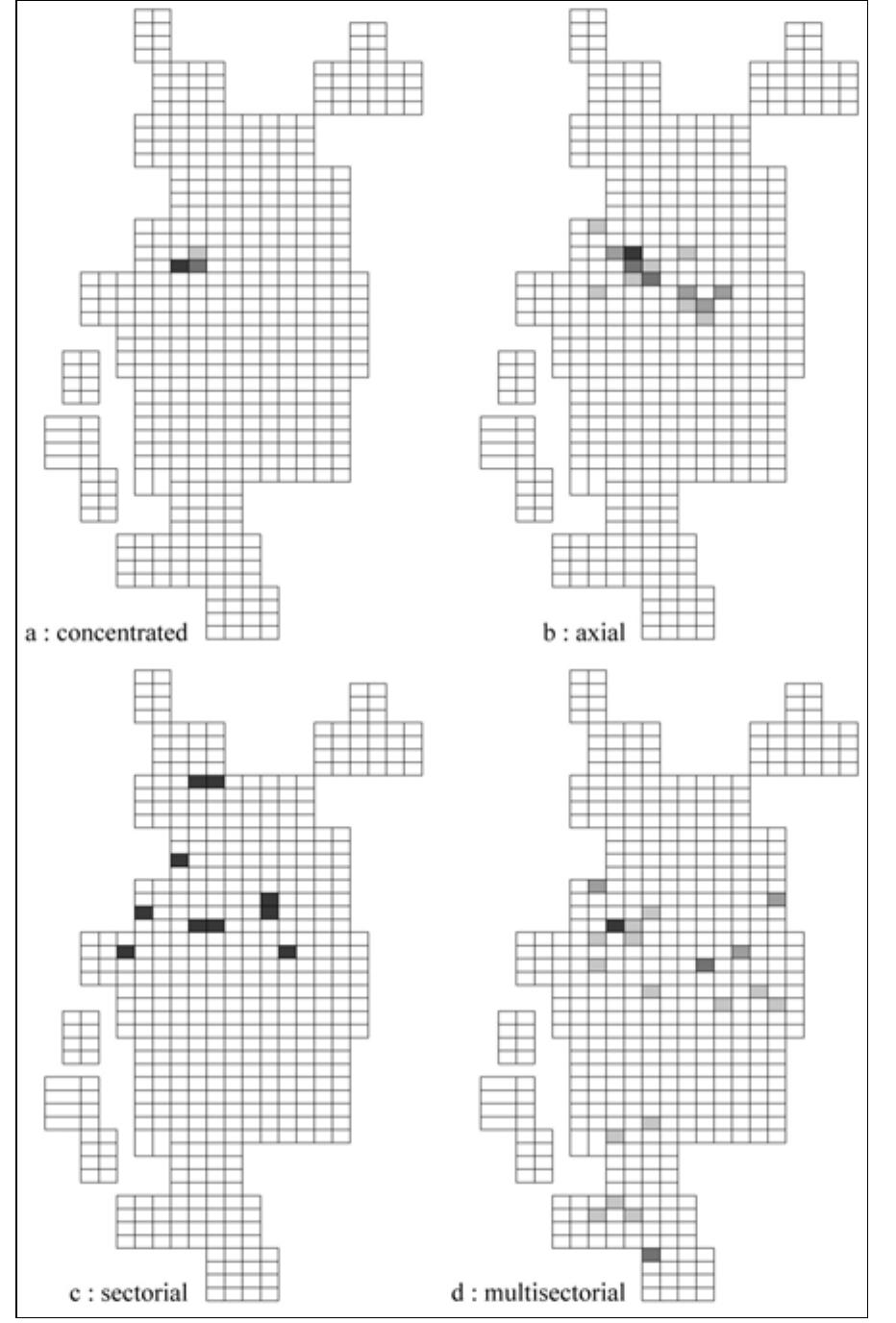 Figure 6.4. Examples of the spatial structure of mobility —four remarkable distributions  with large buildings, large-scale public buildings (hospital, university, etc.) anc parks. 