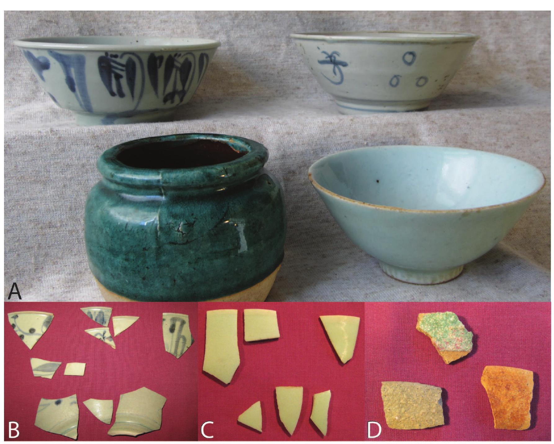 (a) examples of chinese bamboo (back row) and celadon (front