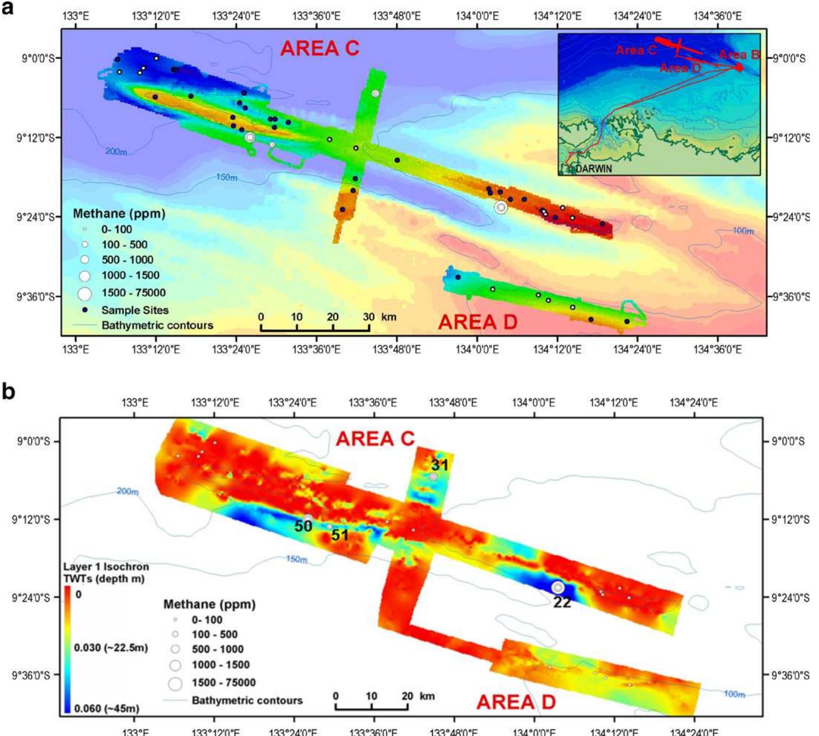 Bathymetry map showing location of arafura survey areas. a