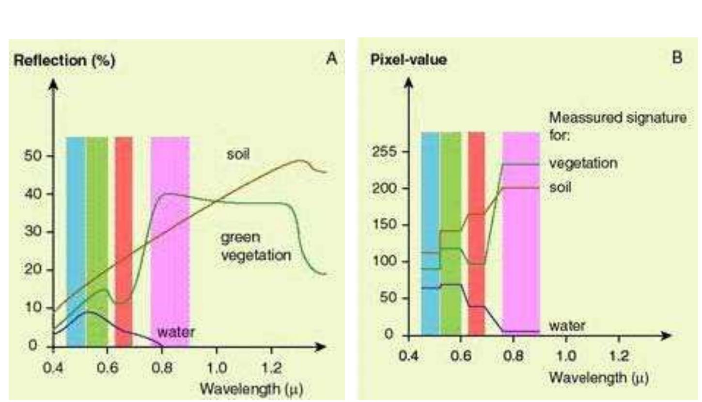 3 a) spectral signatures of soil, vegetation and water: b)