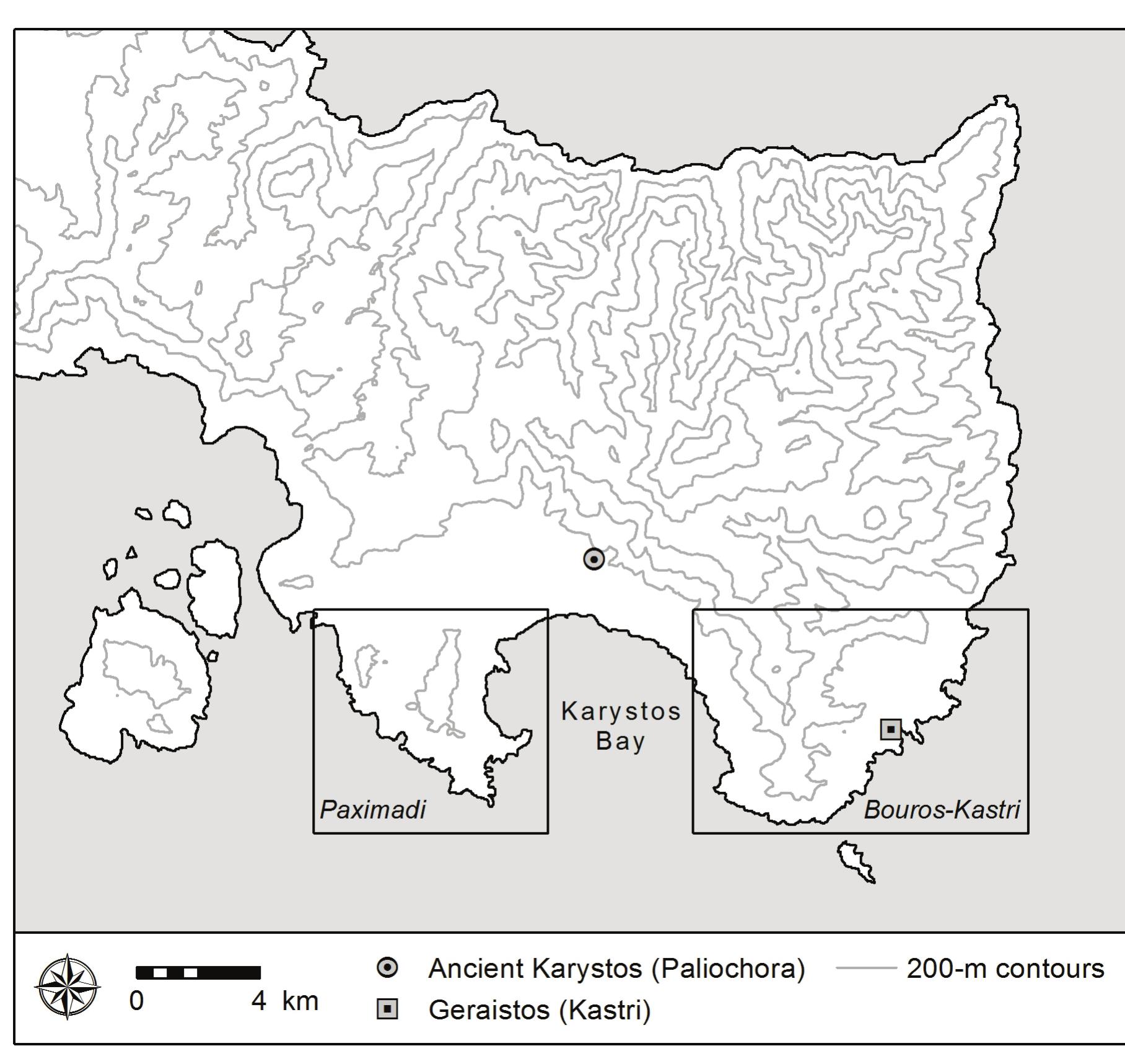 Figure 2. The Paximadi and Bouros-Kastri Peninsulas, showing the location of ancient Karystos and the port of Geraistos 