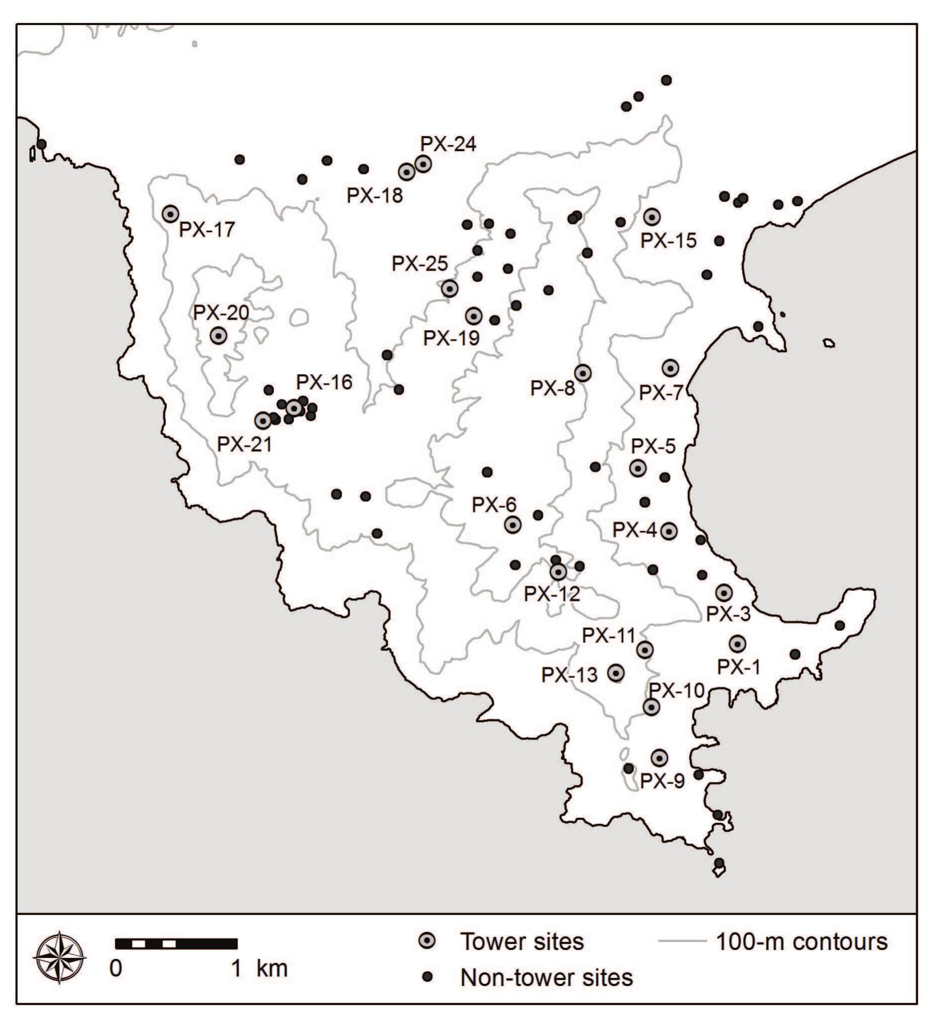 Figure 3. Identified towers and non-tower sites in Paximadi.  CHELSEA A. M. GARDNER AND Rebecca M. SEIFRIED 