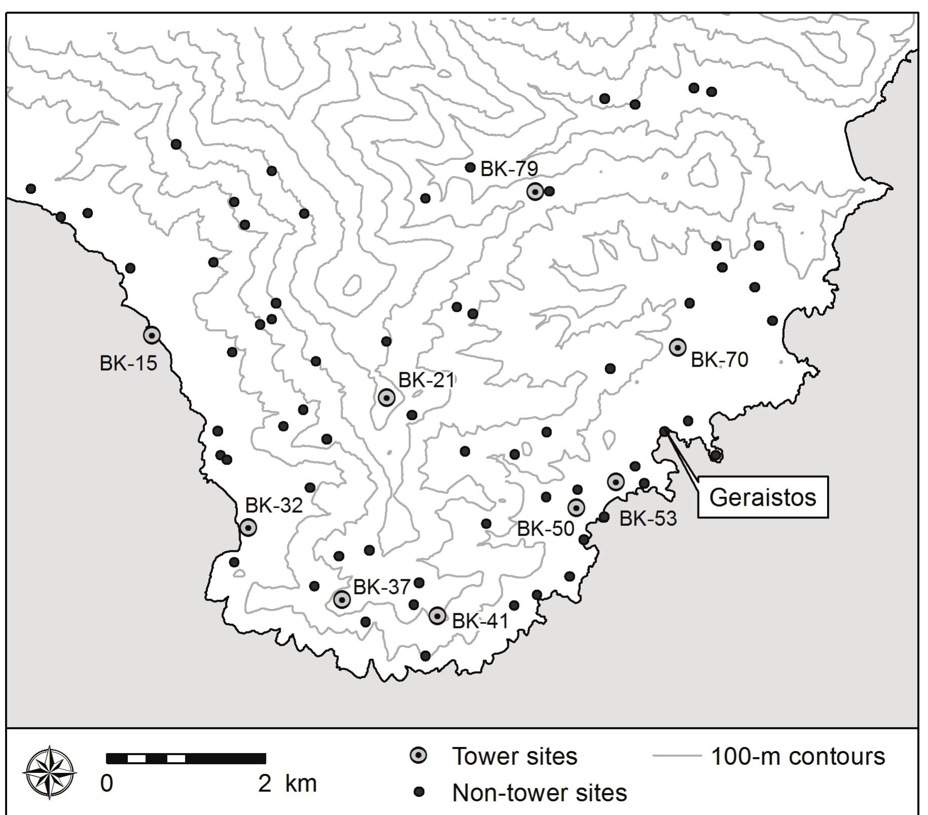 Figure 4. Identified towers and non-tower sites in Bouros-Kastri. 