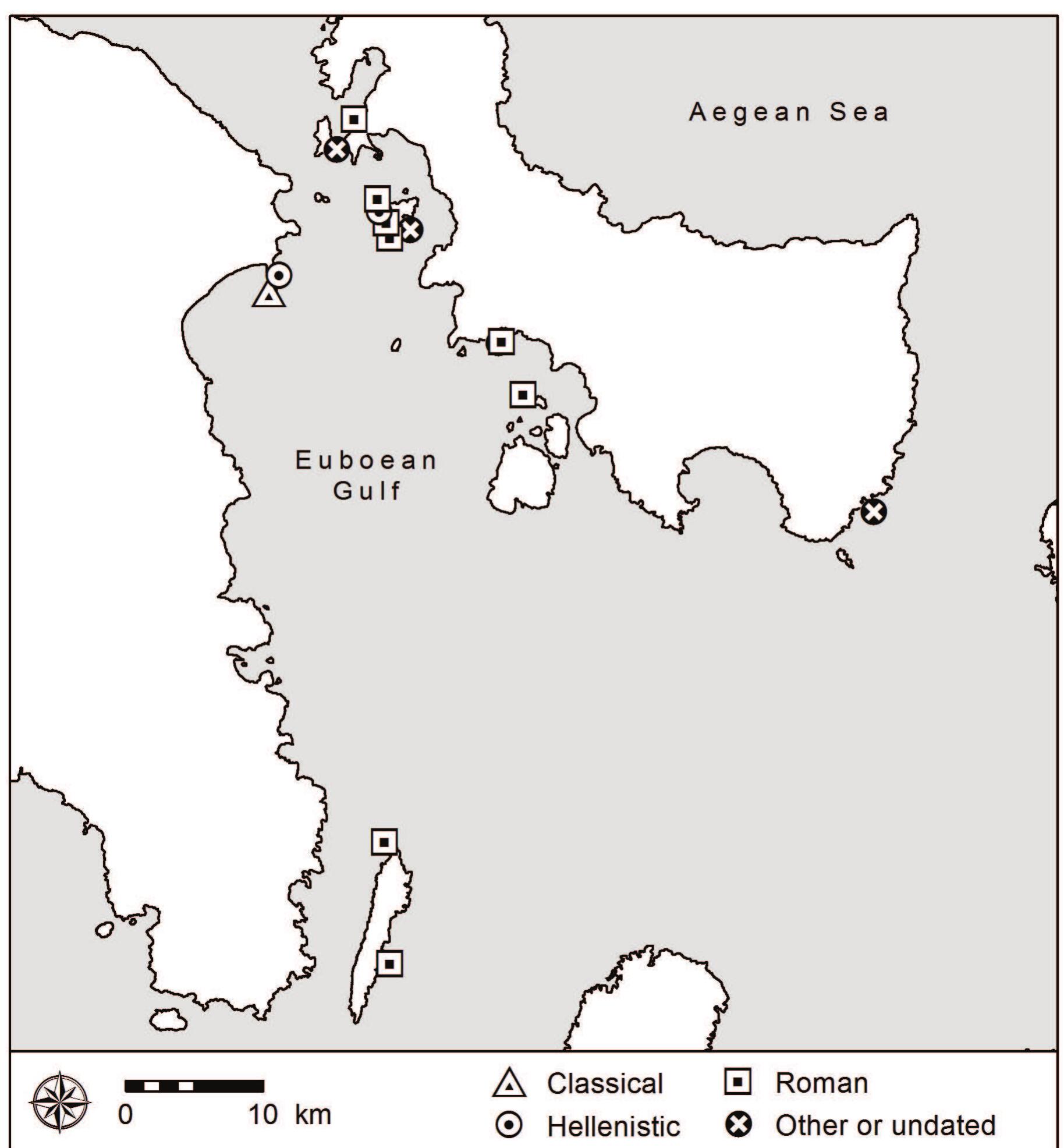 Figure 8. Known shipwrecks in the area of Southern Euboea (from Koutsouflakis et a/. 2012: Figure 4; Koutsouflakis 2013; and Koutsouflakis and Argiris, forthcoming). 