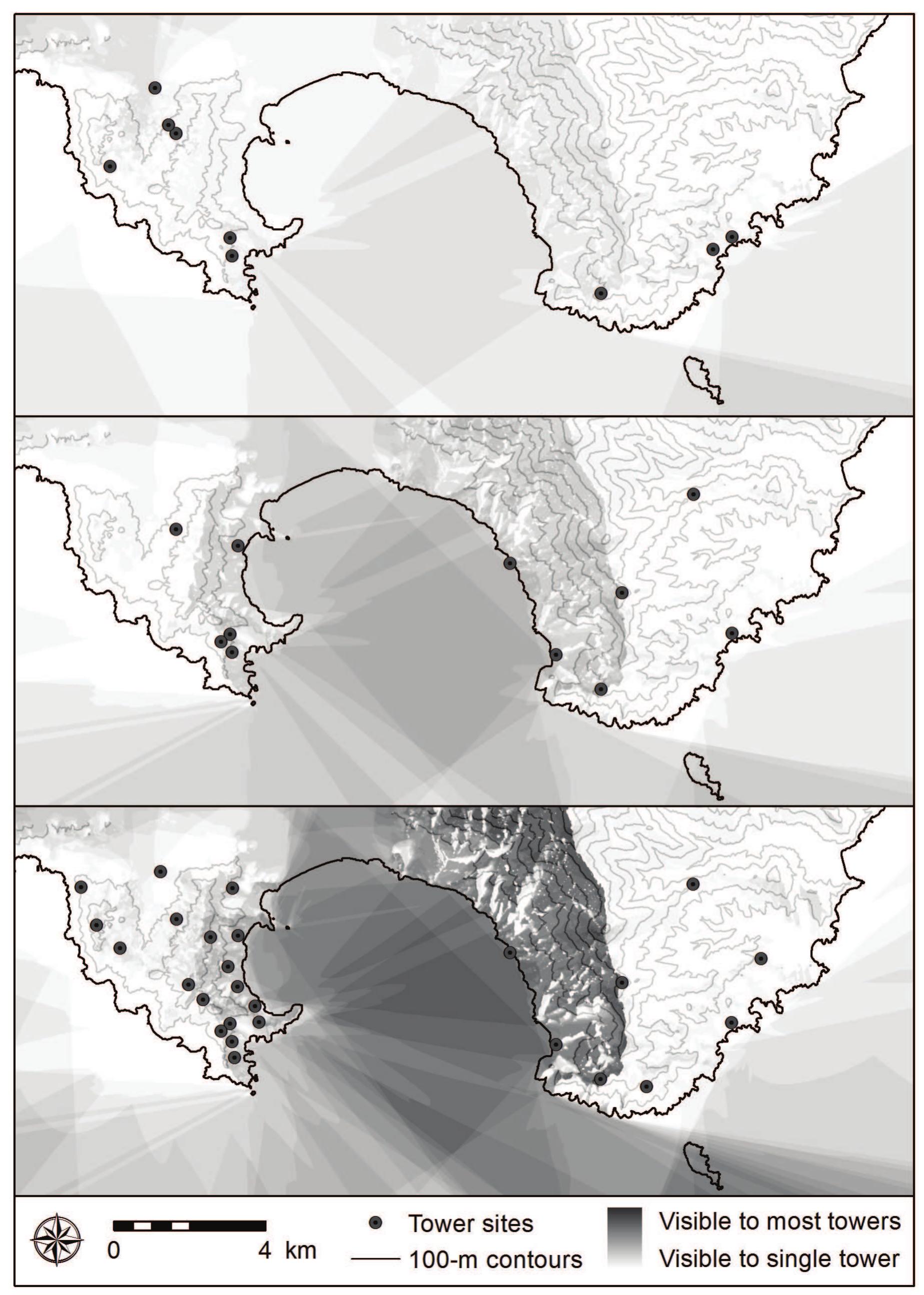 Figure 9. Cumulative viewshed analysis: (top) Roman, (middle) Hellenistic, (bottom) Classical.  CHELSEA A. M. GARDNER AND Rebecca M. SEIFRIED 
