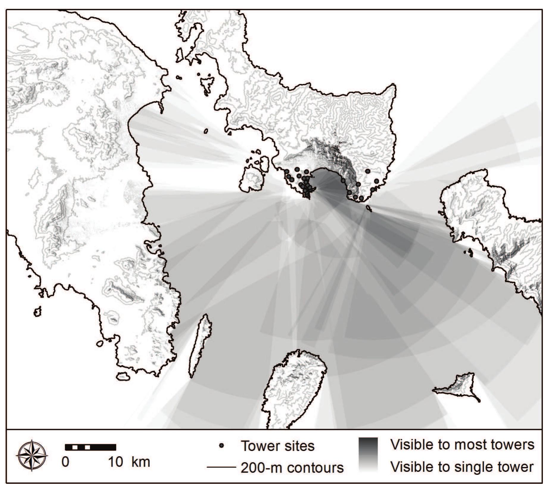 Figure 10. Visibility of the land areas surrounding Southern Euboea: cumulative viewshed analysis in the Classical period. 