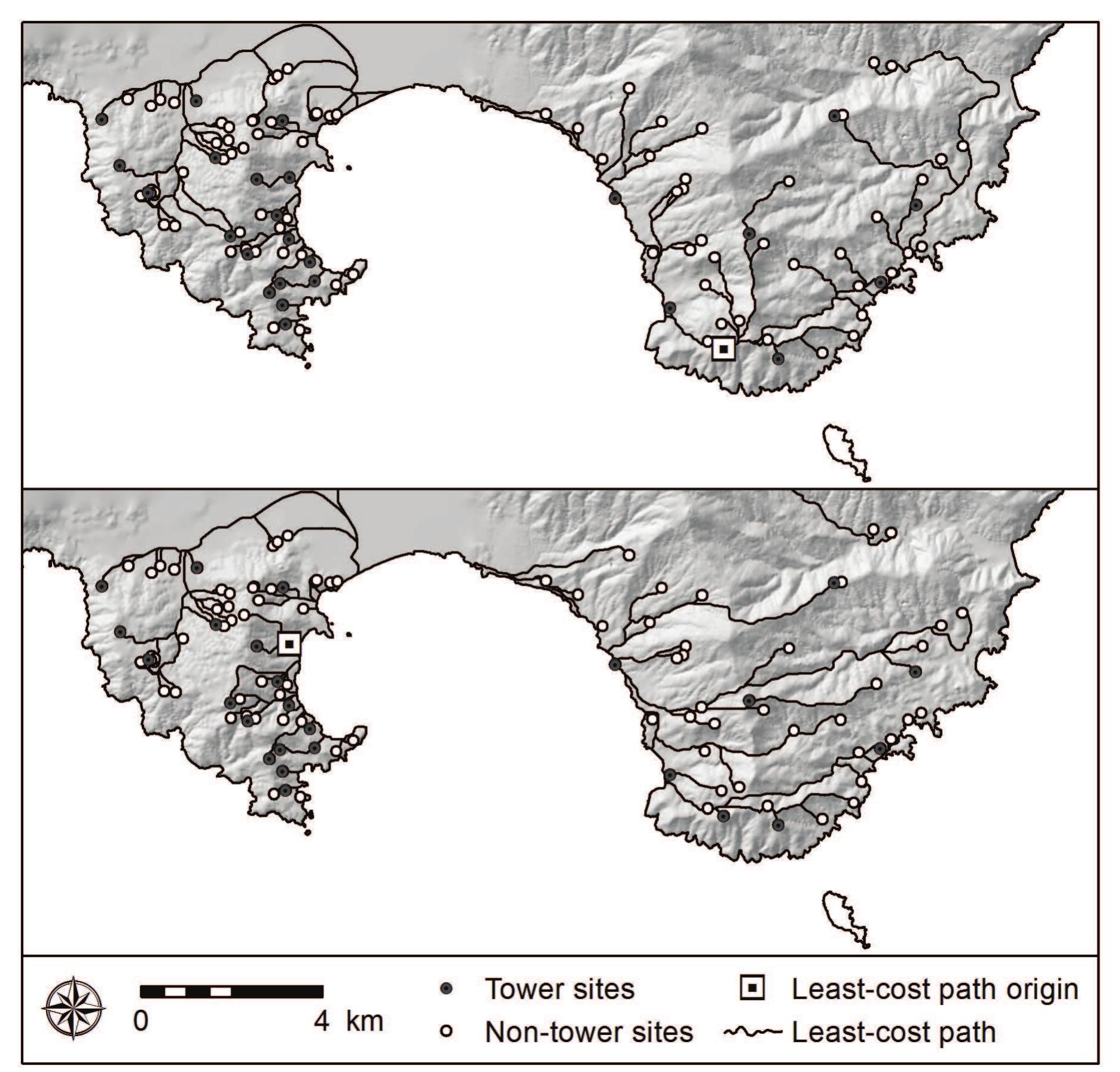 Figure 13. Least-cost path analysis of Classical period sites in the Karystia connecting all tower and non-tower sites: (top) from BK-37, (bottom) from PX-7. 