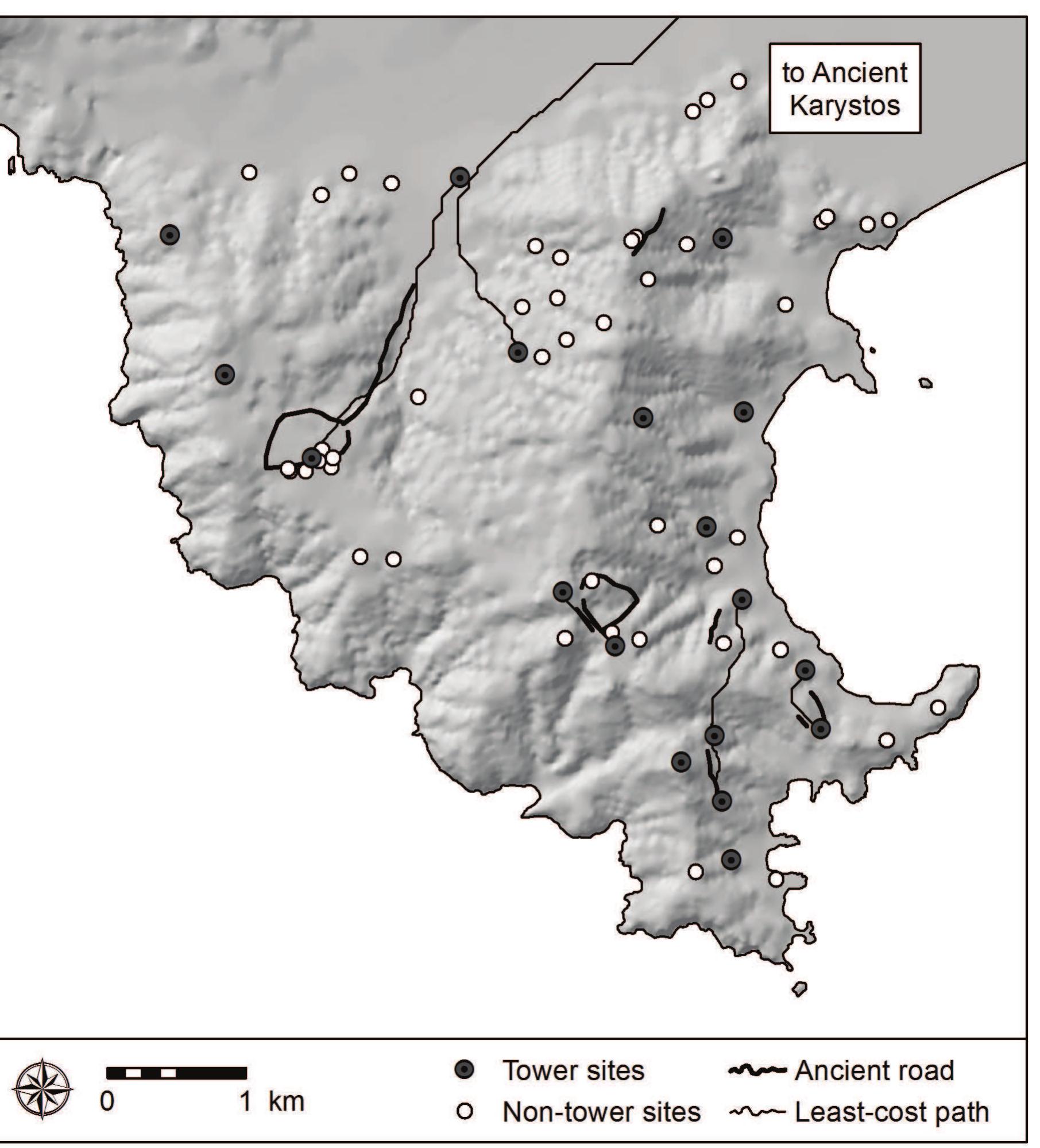 Figure 14. Ancient road sections identified in Paximadi, with Classical period sites and predicted least-cost paths between selected towers (adapted from Keller and Hom 2010: Figure 1). 