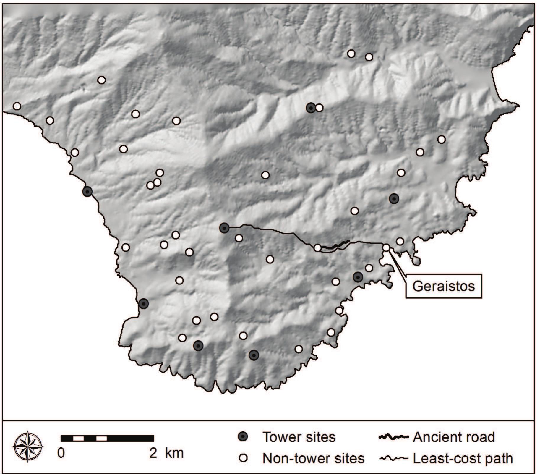 Figure 15. Ancient road section identified in Bouros-Kastri, with Classical period sites and predicted least-cost path between tower BK-21 and Geraistos. 