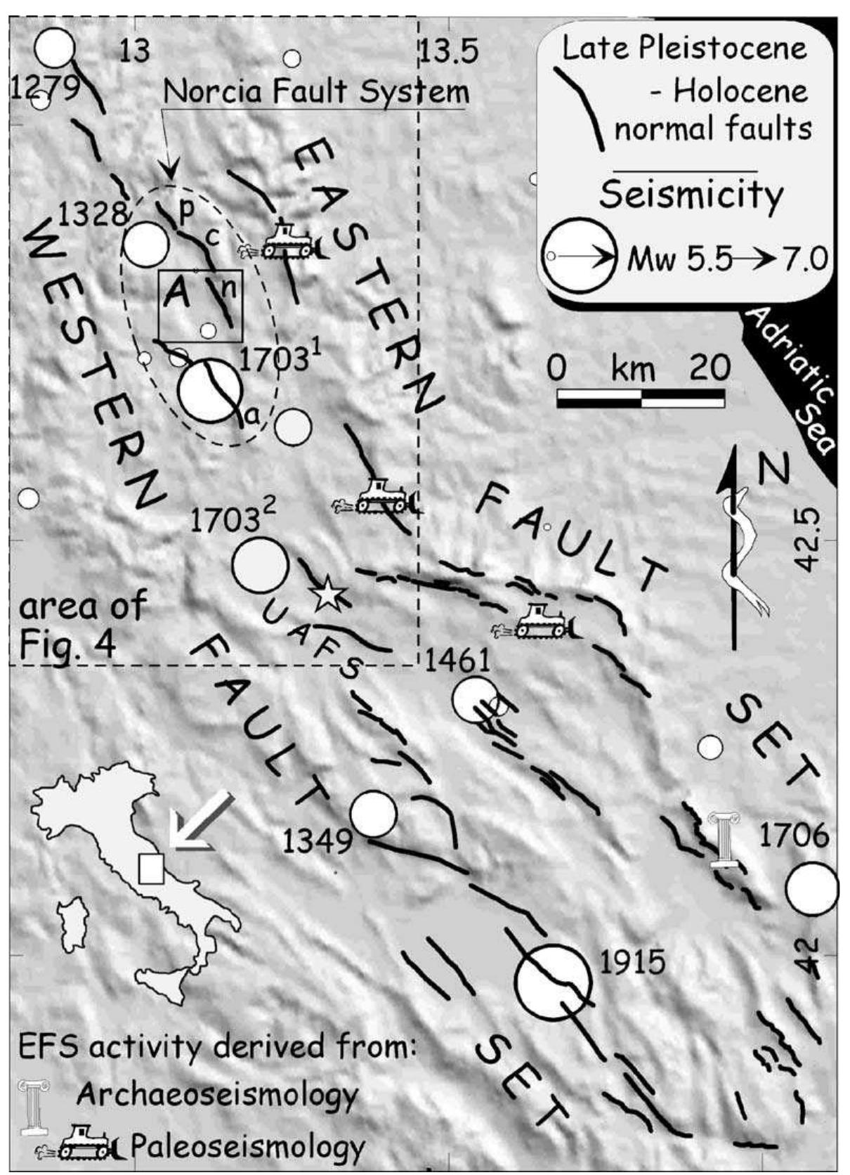 Shaded relief map of central apennines, showing the main