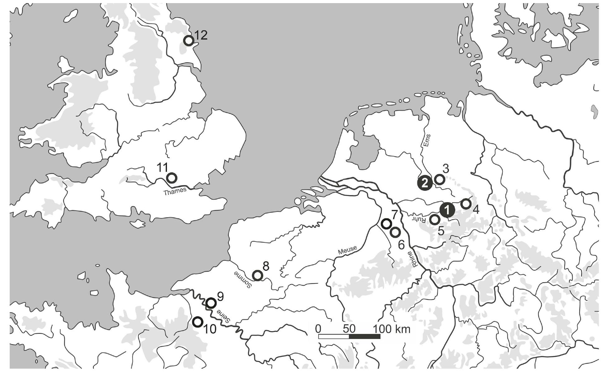 Fig. 1 Map showing the location of the Final Palaeolithic and Early Mesolithic sites discussed in this paper. Analysed assemblages in Westphalia: 1 Heek-Nienborg; 2 Werl-Biiderich (white numbers in black circle). Other Final Palaeolithic and Early Mesolithic sites mentioned in this text: 3 Westerkappeln-Brennesch; 4 Hohler Stein near Riithen-Kallenhardt; 5 Hagen-Eilpe “Rieger Busch’;  6 Bedburg-K6nigshoven; 7 Ménchengladbach-Geneicken; 8 Belloy-sur-Somme, Dep. Somme, F; 9 Alizay, Dep. Eure, F;  10 Buhot, Dep. Eure, F; 11 Three-Ways-Warf in Uxbridge, GB; 12 Star Carr in North Yorkshire, GB (Graph: A. Zander and B. Gehlen). 