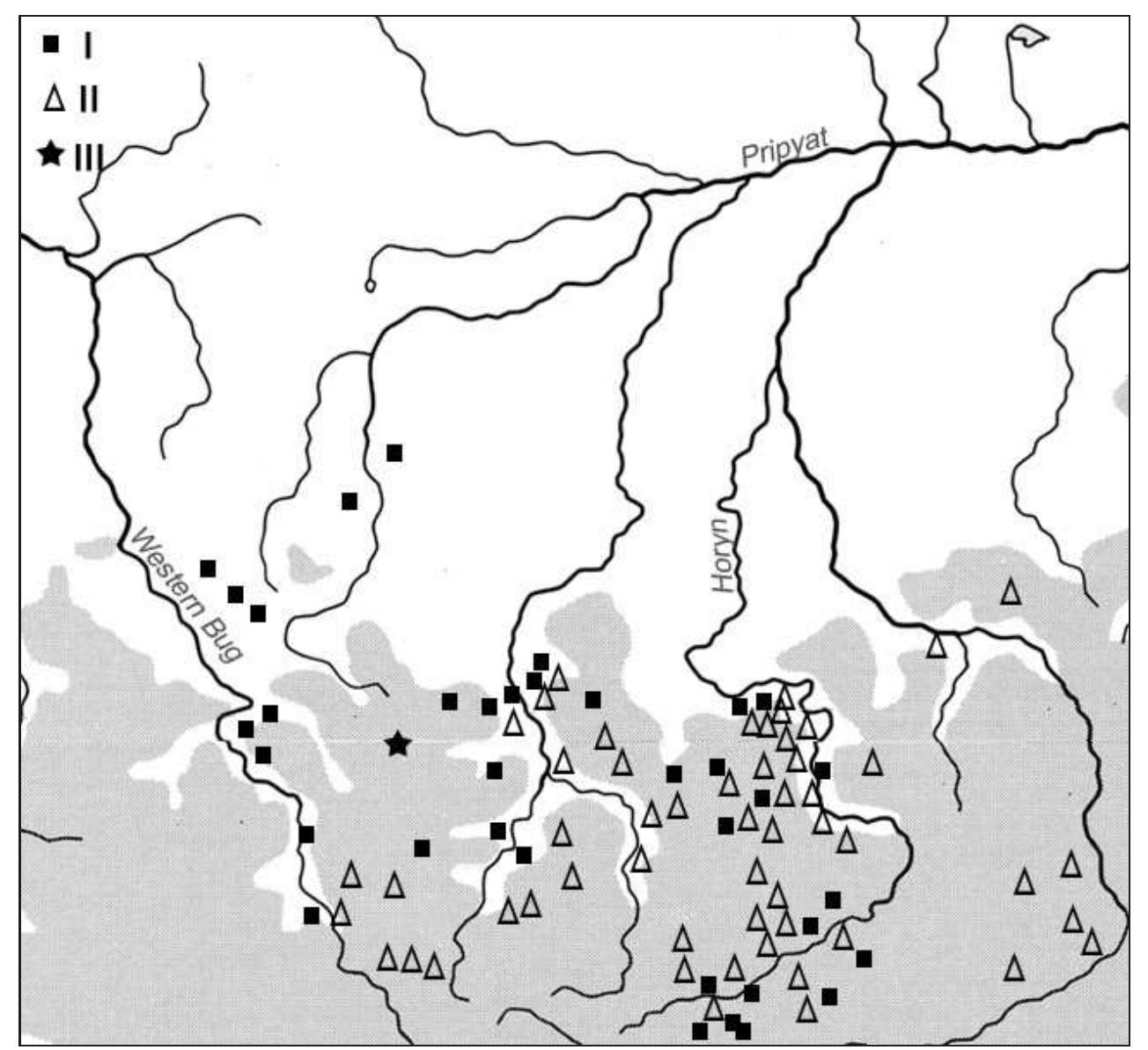 Map 1. Western Volhynia during the Late Roman Period: I — Wielbark Culture sites: II — Cherniakhiv Culture sites; III — Lyniv, distr. Volyn. 