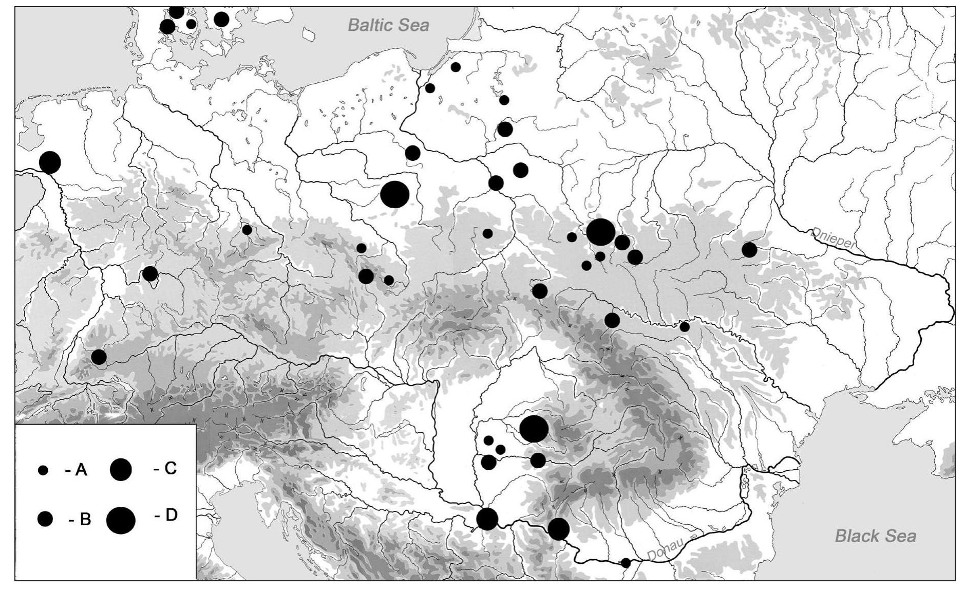 Map. 2. Map. 2. Finds of Roman gold medallions from Barbaricum: A — up to 15 g; B - up to 50 g; C — up to 200 g; D —- over 200 g (after Bursche, Myzgin 2013, map 1). 