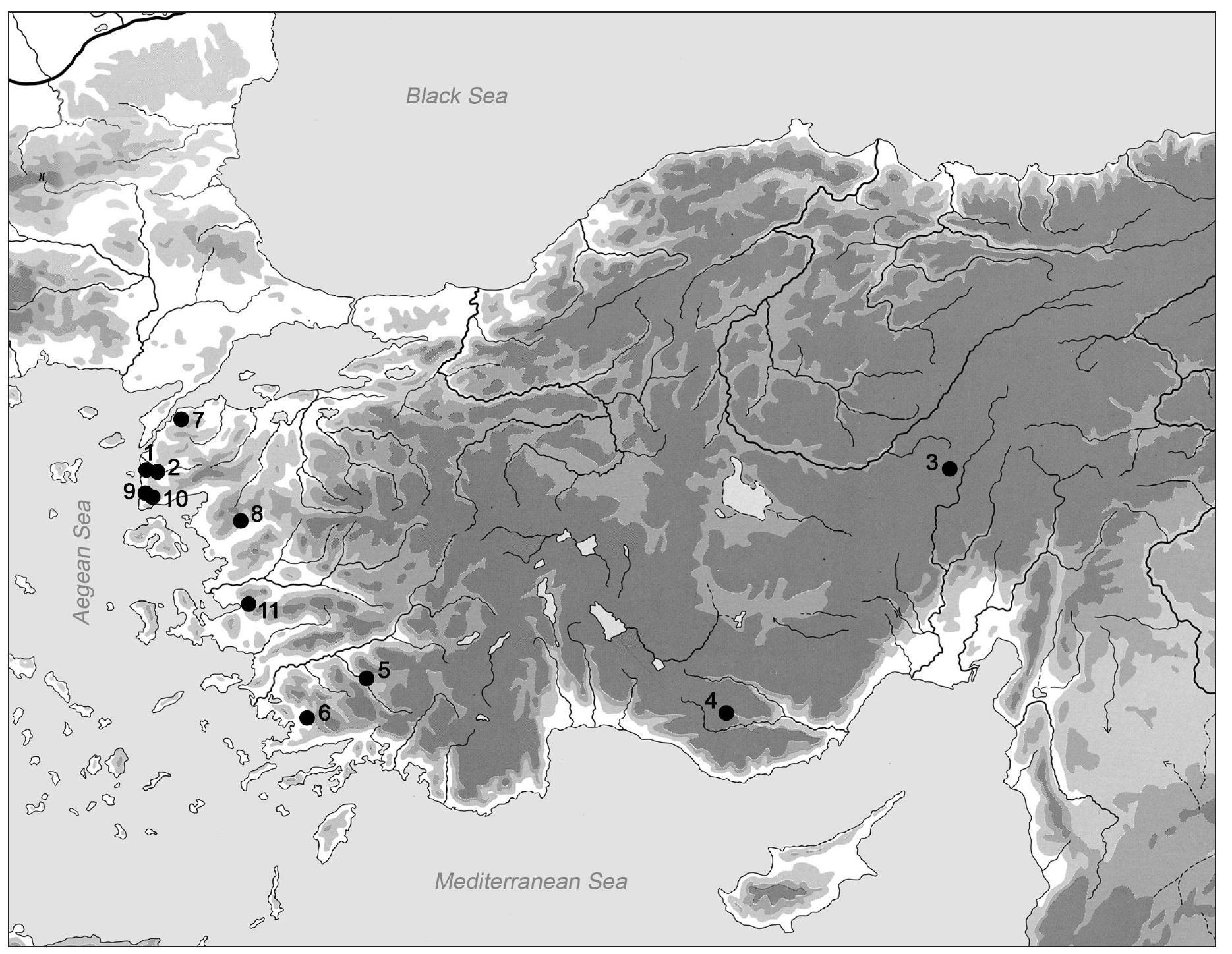 Map 3. Hoards from the third quarter of the third century AD from Asia Minor: 1 — Alexandria Troas; 2 - vicinity of Alexandria Troas; 3 — Caesarea; 4 — Goktepe; 5 — Haydere; 6 — Iasos; 7 — Parium; 8 — Pergamum; 9 —Smintheion; 10 — Smintheion — bothros; 11 — Smyrna.  eee ee nnn ee en ne nn en ee ne enn eee en I SENSEI SEIS  In addition to the four deposits discovered at Alexandria Troas and its vicinity discussed above, seven more hoards from Asia Minor end with coins issued under Gallienus; most of these deposits are from areas close to the western coast (Map 3): Parium (AD 253-60), Smyrna (255-6), Pergamum (258-9), Haydere (264), Iasos (264), Géktepe (253?) and Caesarea in Cappadocia (255-6).”° Only the last of these towns lies inland. In comparison with the total number of Roman coin deposits known from Turkey, hoards that end with issues of Gallienus are unexpectedly numerous. Presumably most of them are the result of an atmosphere of threat from Gothic raids that was felt in Asia Minor during the late 250s, but linking them to concrete events is too precarious (Bland, Aydemir 1991, 104; Hollard, Bing6l 1994, 67). 