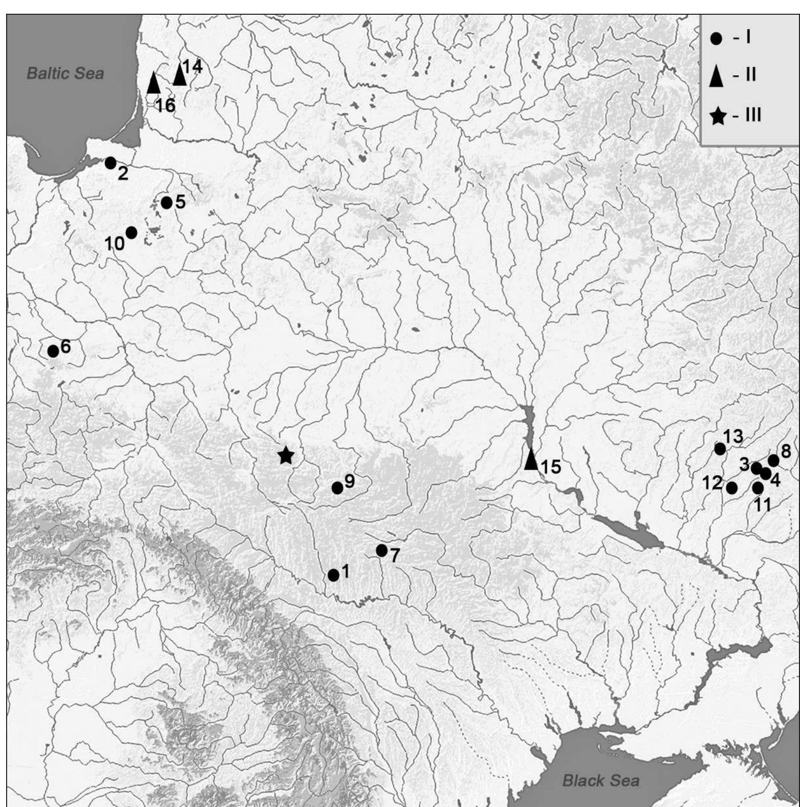 Map 4. Finds of coins of the Roman period from Asia Minor in Central and Eastern Europe:  I - single finds: 1 - Dumanov, distr. Khmelnitsk, UA; 2 — Bolshoe Isakovo, distr. Kaliningrad, RUS; 3 — Khrushova Mykytivka, distr. Kharkiv, UA; 4 — Khvorostove, distr. Kharkiv, UA; 5 — Kuty, distr. Wegorzewo, PL; 6 — vicinity of L6dz, PL; 7 — Malievtsi, distr. Khmelnitsk, UA; 8 — Pavlove, distr. Kharkiv, UA; 9 — Shimkivtsi, distr. Khmelnitsk, UA; 10 — Stare Kiejkuty, distr. Szezytno, PL;  11 — Stari Valky, distr. Kharkiv, UA; 12 — Yavtukhovka, distr. Kharkiv, UA; 13 — Zinkiv, distr. Poltava, UA; II - hoards: 14 — Janapoleé, distr. TelSiai, LT; 15 — Kiev, UA; 16 — SaulaZoliai, distr. Klaipéda, LT; Ill - Lyniv; distr. Volyn, UA. 