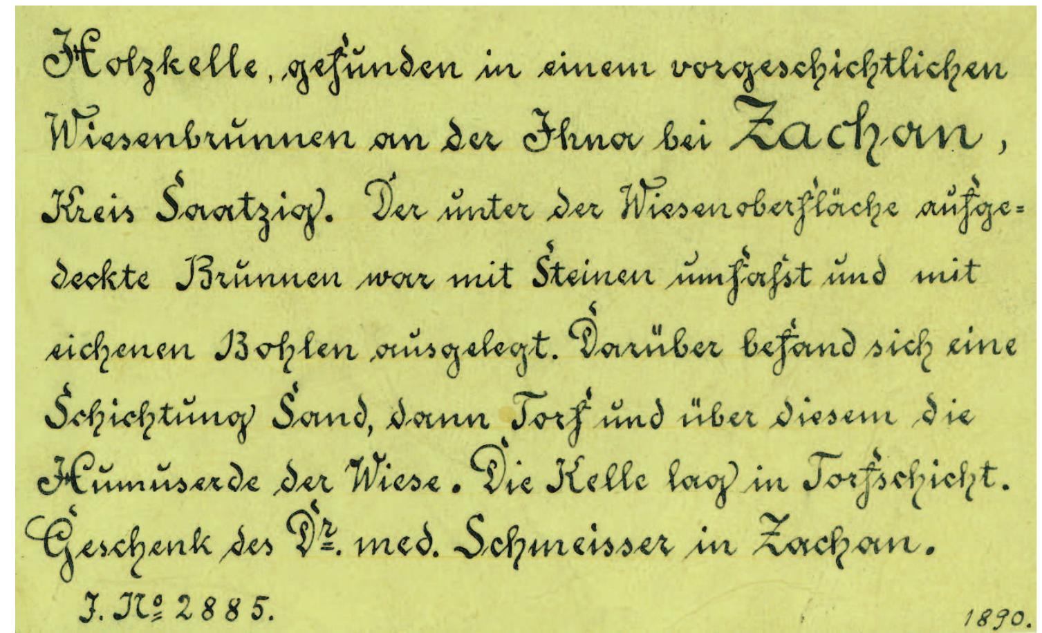 Informacja z 1890 roku o okolicznosciach odkrycia czerpaka drewnianego podarowanego do zbioréw muzealnych przez lekarza Schmeissera z Suchania 