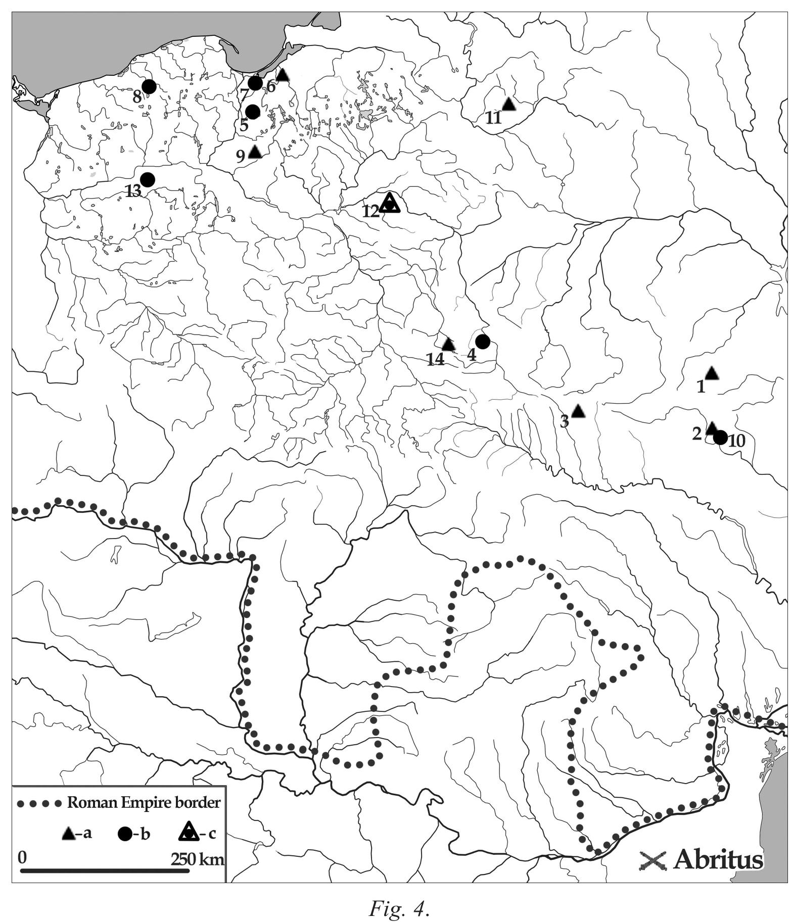 Finds of mid-3rd century aurei in deposits recorded in the ‘Gothic settlement area’ in Poland (PL), Ukraine (UA) and Belarus (BY): a. Trajan Decius, b. Gordian III or Philip the Arab; c. Gordian II], Philip the Arab and Trajan Decius. 1. Billopillya, Vinnica distr., UA; 2. Bronnitsia, Vinnytsia distr, UA; 3. Cherneliv Russkiy, Ternopil distr., UA; 4. Gotebie, Hrubieszow distr., PL; 5. Region of Kwidzyn, Kwidzyn distr., PL; 6. Leszezyna, Pastek distr., PL; 7. Lubieszewo, Nowy Dwor Gdanski distr., PL; 8. Miastko, Bytow distr., PL; 9. Rypin, Rypin distr., PL; 10. Shchuchyntsi, Vinnytsia distr., UA; 11. Region of Shchuchyn, Grodno distr., BY; 12. Stara Wies, Weerow distr., PL; 13. Tarnowo, Oborniki distr., PL; 14. Ulow, Tomaszow Lubelski distr., PL.  