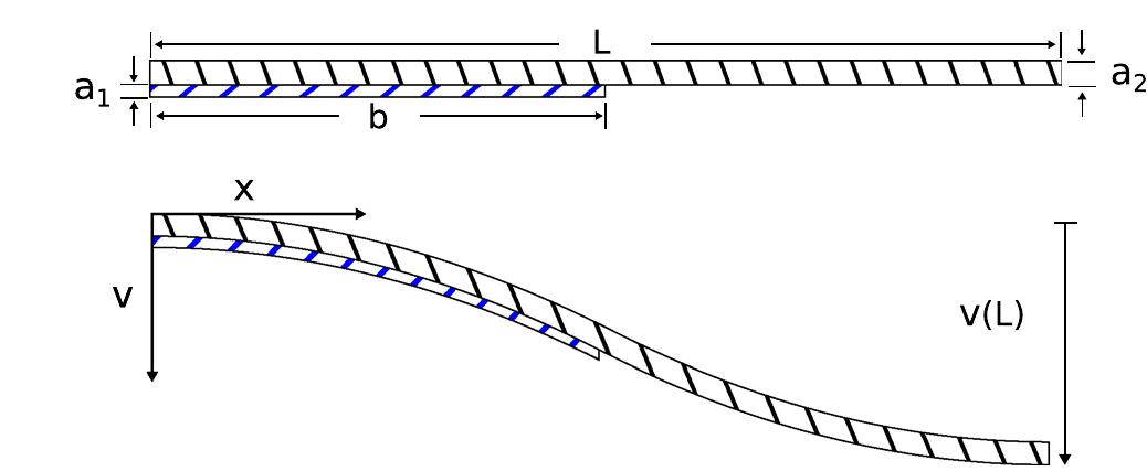 Fig. 9 Dimensions and deflected shape of beam  The separated parts of the problem, firstly without the redun- dant moment reaction at the center of the beam, and secondly considering only this reaction, are illustrated in Fig. 10. 