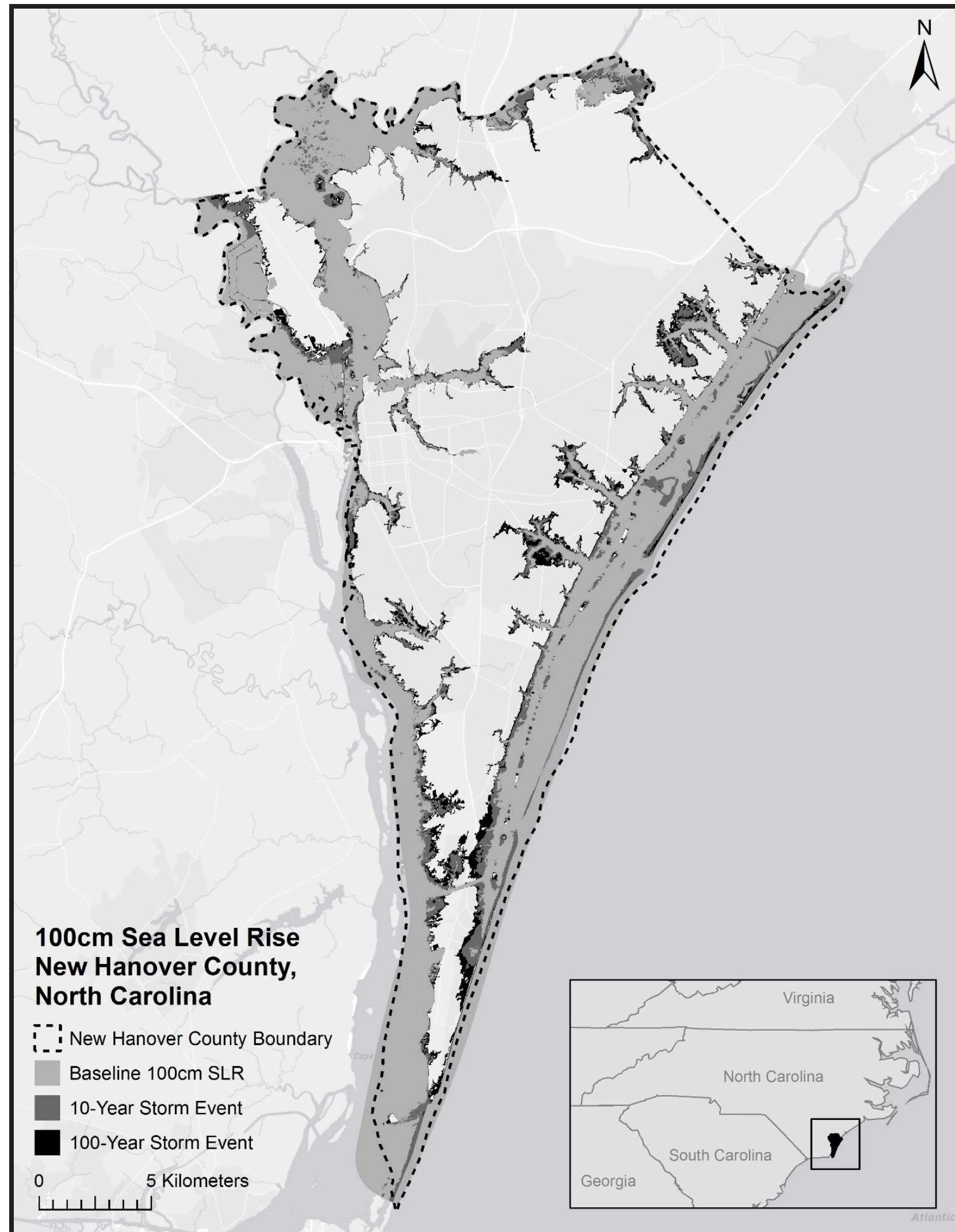 The overall extent of the 100-centimeter sea level rise