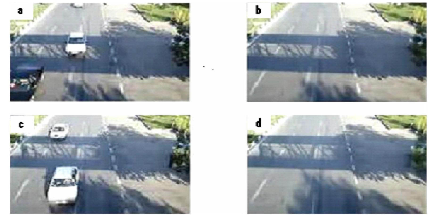 Figure 5. Result of background extraction. (a) video frame number 22; (b) background frame number 22; (c) video frame number 30; (d) background frame number 30. 