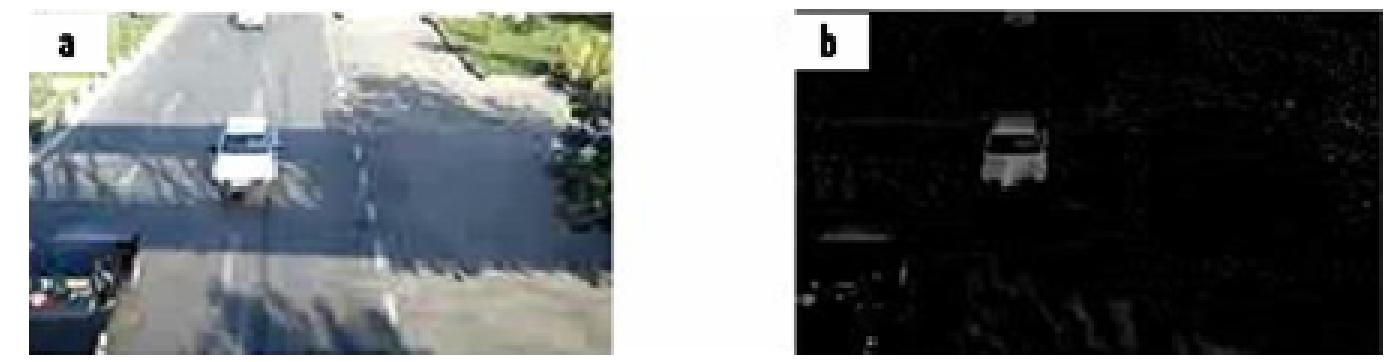 Figure 6. Moving object detection based on value. (a) video frame number 22, (b) moving object based on value. 