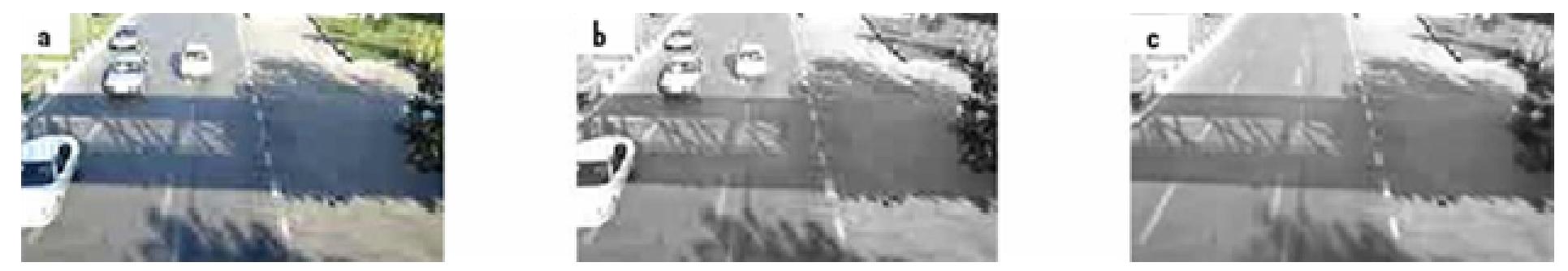 Figure 8. Background based on value. (a) Video frame number 43, (b) frame based on value (c) background based on value. 