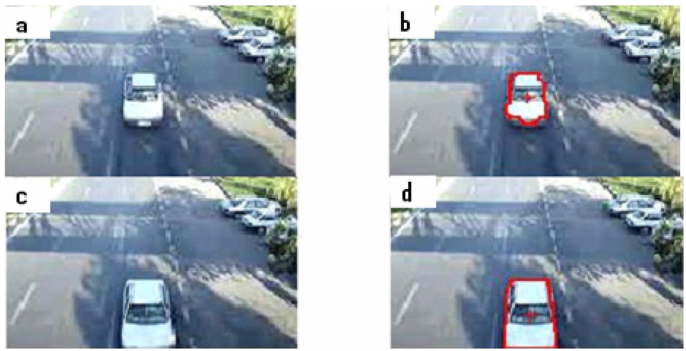 Figure 13. The bounding box and the centroid. (a) Video frame number 45, (b) Bounding box and the centroid in frame number 45, (c) Video frame number 51, (d) Bounding box and the centroid in frame 51. 