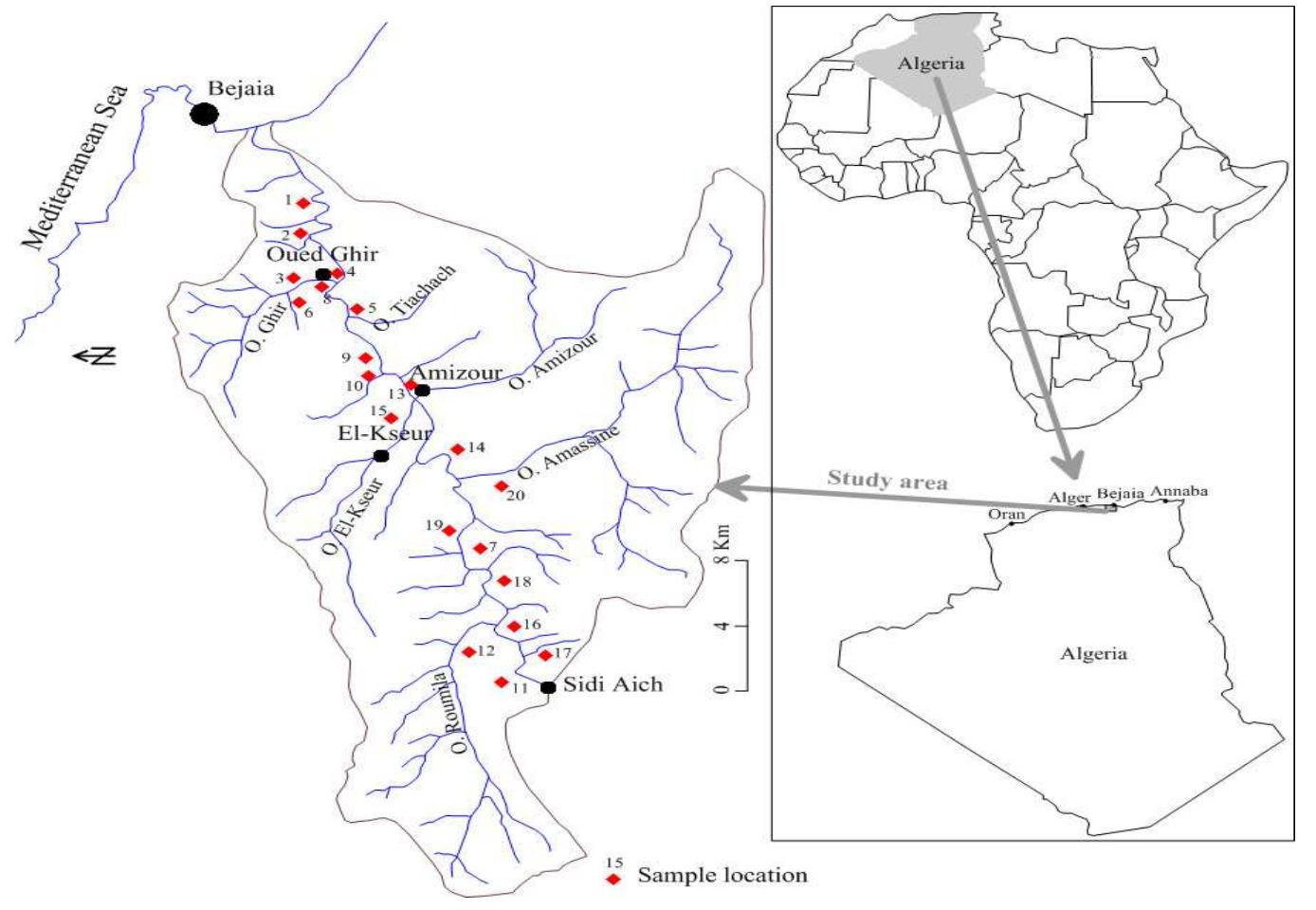 Map showing the water sampling locations of the study area