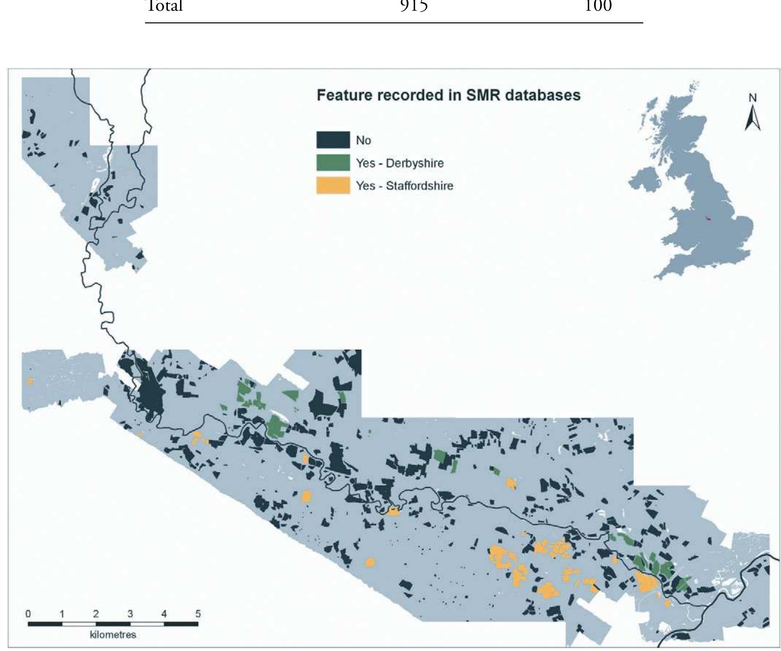 Map showing extent of lidar derived features recorded by the