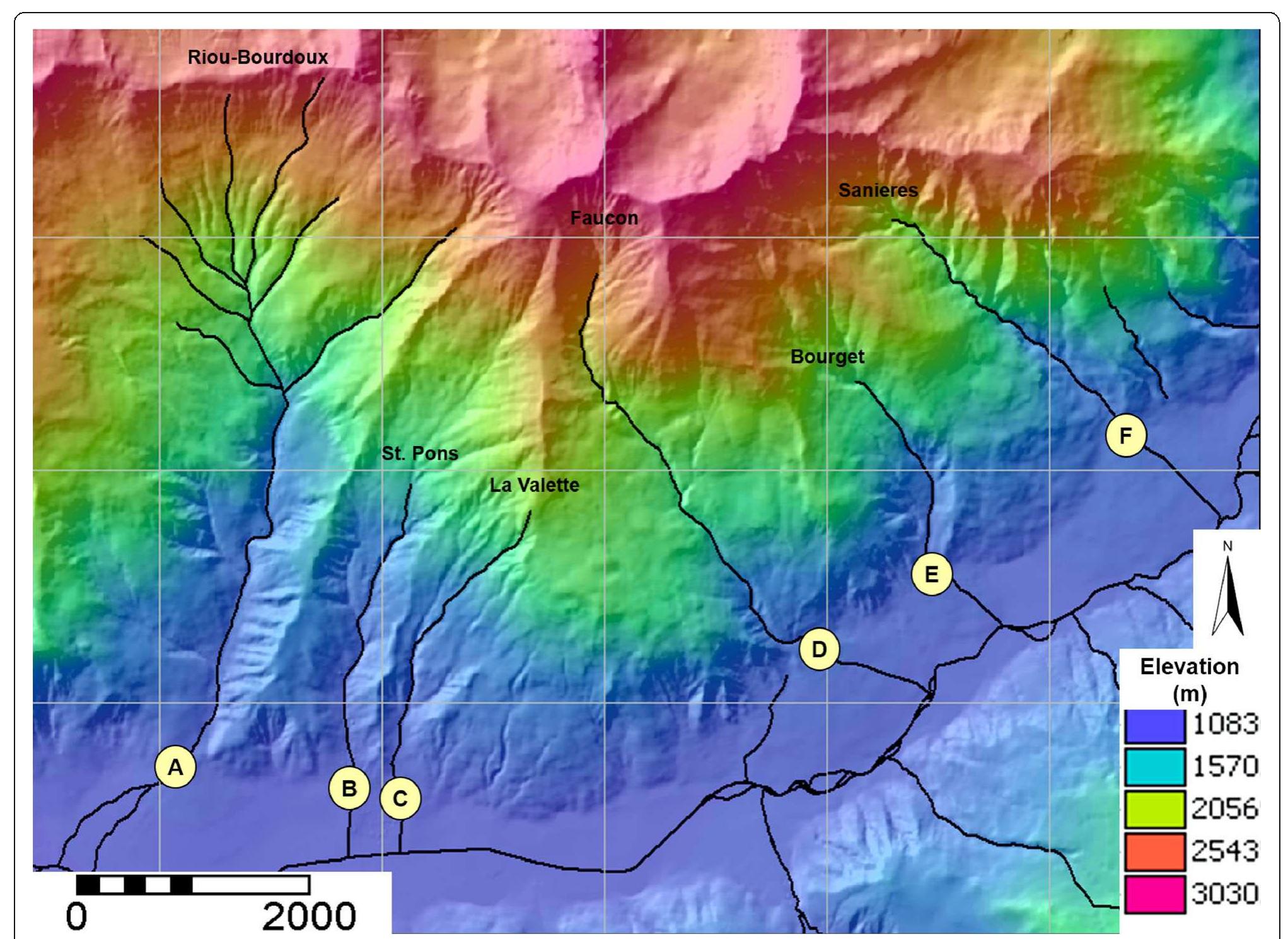 Fig. 1 Selected active debris flow streams in the north part of the Barcelonnette Basin with their respective control point at the fan 
