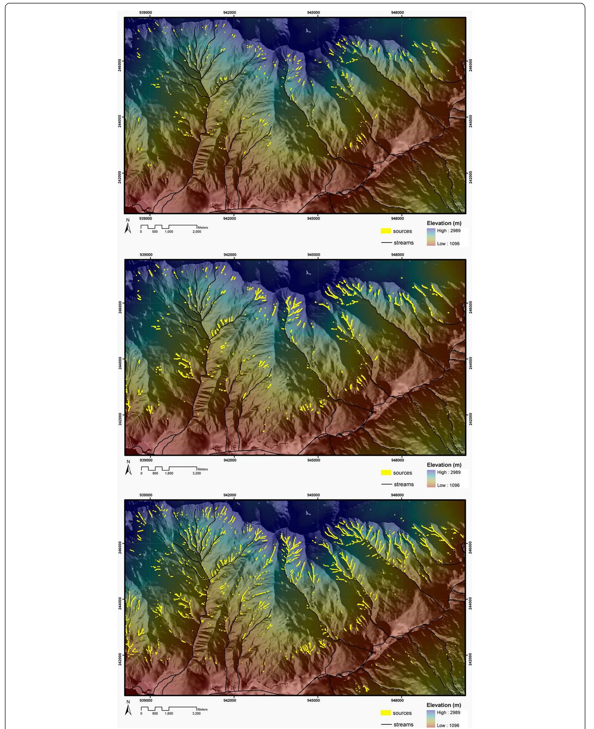 Fig. 2 Susceptible areas for debris flow initiation in the northern part of the Barcelonnette basin. The release areas are depicted for a minor event (top), a moderate event (middle) and a major event (bottom) (van Westen et al. 2010; Kappes et al. 2011) 