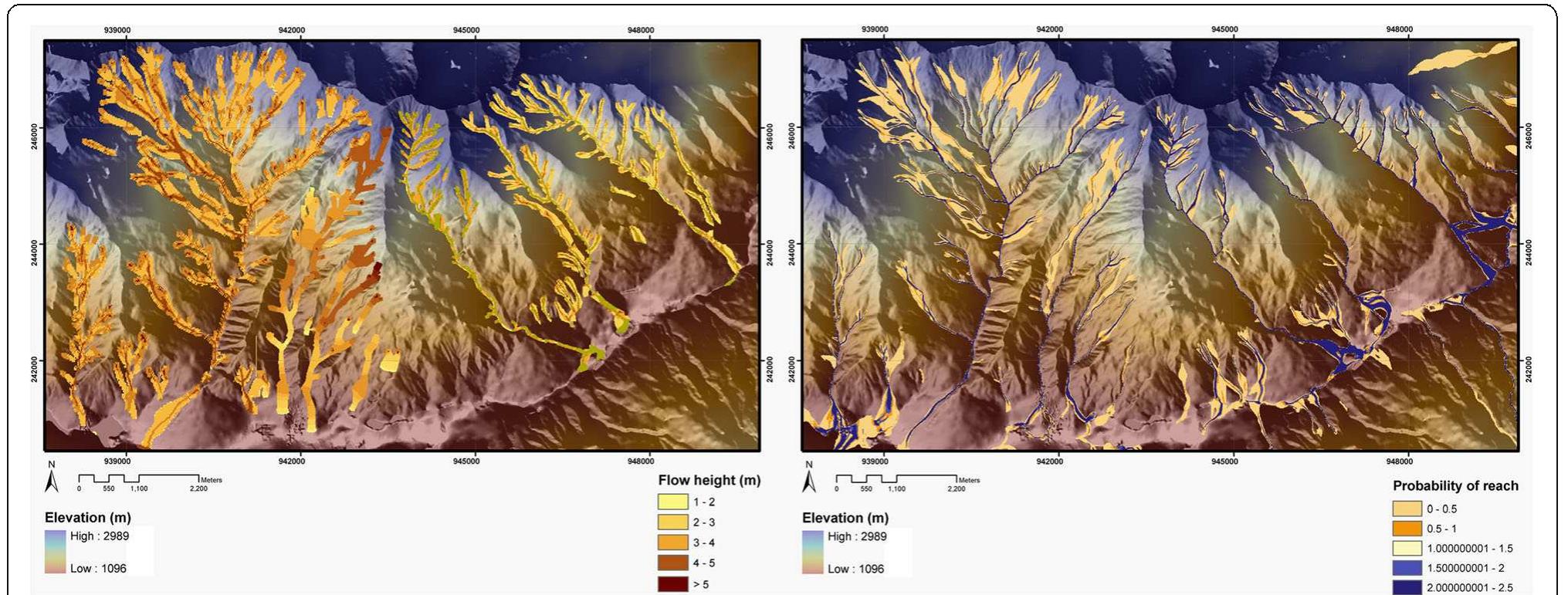 Fig. 3 Debris flow height map generated with the “AschFlow” model for the Barcelonnette basin (upper figure). Spreading reach map generated with the Flow-R model (Kappes et al. 2011) (lower figure). When comparing both maps, similarities in terms of run-out length are observable 