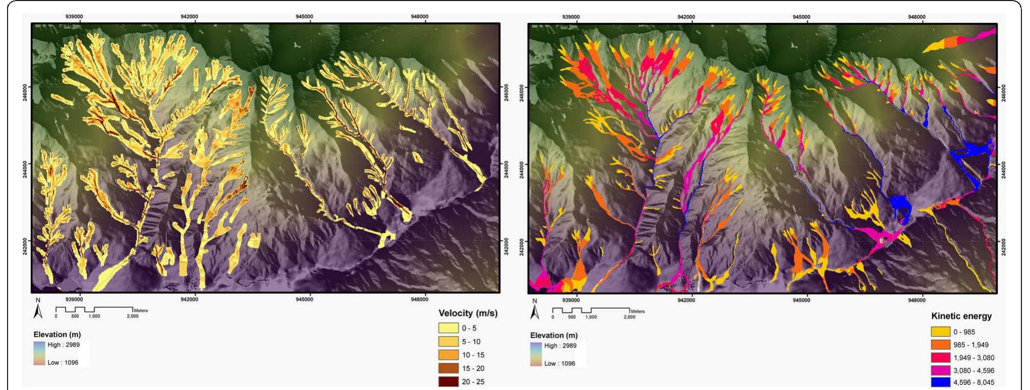 Fig. 4 Velocity map generated with the “AschFlow” model for the Barcelonnette basin (upper figure). Kinetic energy map generated with the Flow-R model (Kappes et al. 2011) (lower figure)  distribution have been used to obtain the range of pa- rameters for input in the model (Quan Luna et al. 2013) (Table 2). From the obtained Log-Normal distribution, the mean and standard deviation of each parameter were used to run the model for each type of event and the in- tensity parameters were recorded at each control point (Table 3). A homogeneous erodible soil depth of 2.5 m was selected since there was a lack of information about this or a soil depth map (this depth was also assumed to quantify the release volume). Based on the geological, lithological and morphological description of the area and based on the account of historical data, a soil depth of 2—3.5 m was found to be the value that agrees best with the quantity of entrained material in past events (Remaitre et al. 2008; Quan Luna et al. 2011, 2014). This was also done to assess the performance of the model   Because of the lack of information regarding the be- havior, the footprints and velocity distributions of past events, it was not possible to parameterize the area re- garding the Bingham model with back analyses. For this reason, the moments of the Lognormal frequency 