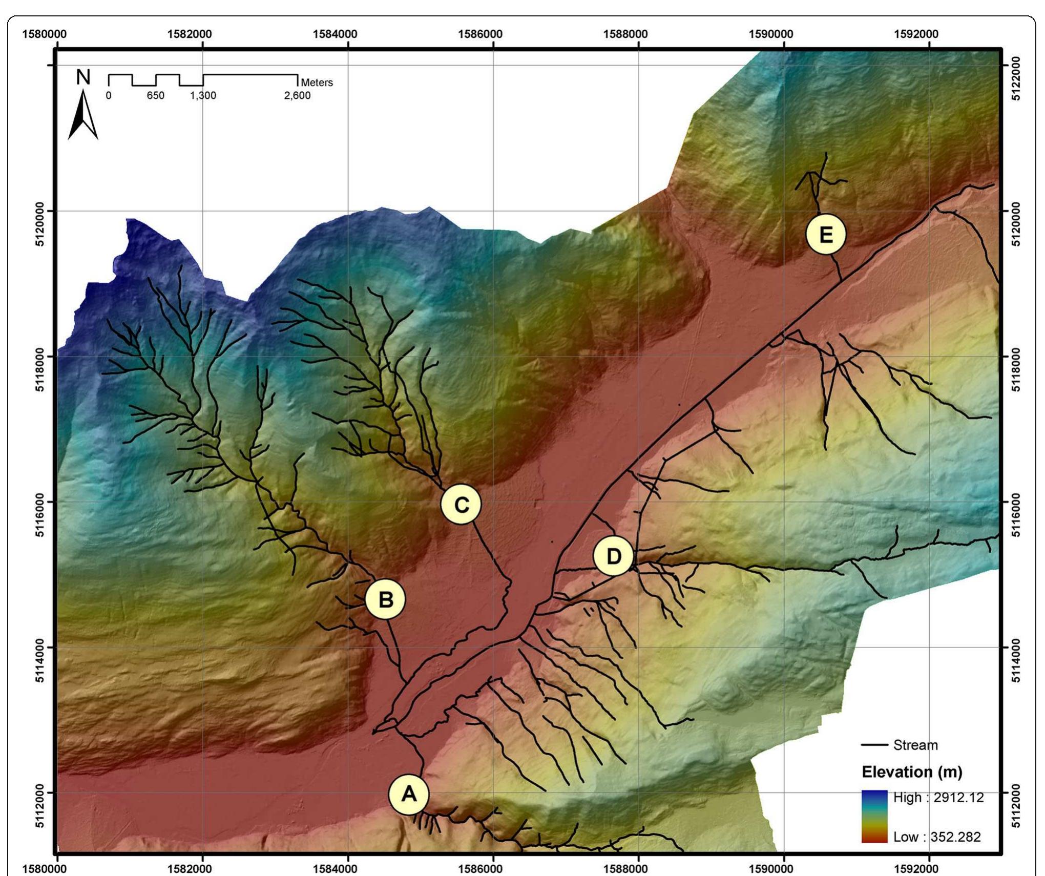 Fig. 6 Selected active debris flow streams in the southern part of the Valtellina Valley with their respective control point at the fans  Besides the differences in geometry of the flow, the “AschFlow” model generates, on the basis of calculated velocities and flow heights, intensity parameters which are important additional indicators to assess priorities for more detailed research (Fig. 4). In the case of the Flow-R model, the debris flow source has a certain unit potential energy (the volume is defined as a unit and cannot be specified otherwise) regarding its adjacent cells downhill. During propagation, part of this energy is ost in friction. If the kinetic energy increases reaching a maximum threshold, the energy line will have the same shape as the topography. The debris flow stops when the friction line reaches the topographical surface (Horton et al. 2013). In the “AschFlow” model the velocities are based on the slope friction of the rheological model, this means that the velocity is controlled not only by the top- ography but by the frictional coefficients that are   According to Kappes et al. (2011), their results are matching nearly completely past events for the slopes and the torrential fans. Minor differences are observable only for the further run-out in the flood plain of the Ubaye river. The “AschFlow” model results show agree- ment regarding the susceptible areas where a debris flow can occur in terms of run-out length (Fig. 3). The main difference between the two models regards the spreading of the flow. The “AschFlow” model uses a yield strength and a viscous resistance so these values can stop the flow at a critical thickness and slope angle preventing it for further spreading, which is not the case with Flow-R using probable frictional reach lines over the DTM. 