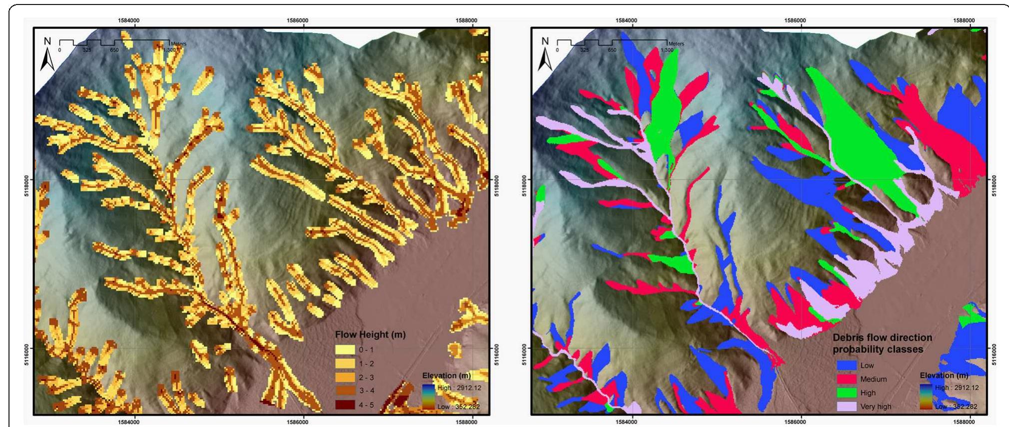 Fig. 9 Debris flow height map generated with the “AschFlow” model for a major event for the Valtellina Valley (upper figure). Debris flow direction probability classes map generated with the Flow-R model (Blahut et al. 2010a) (lower figure) 