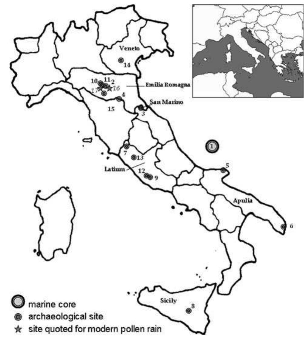 Fig. 1 Location map of sites quoted in the text. / marine core RF93- 30 (42°40'N 15°40’E); terrestrial sites: 2 Terramara di Montale (44°30'N 10°55’E); 3 Domagnano (44°30'/N 10°55’E); 4 Monte Castellaccio (44°09’N 11°31’E); 5 Lago Battaglia (41°54’N 16°08’E); 6 Lago Alimini Piccolo (40°11’N 18°26'E); 7 Lago di Mezzano (42°36'N 11°46/E); 8 Lago di Pergusa (37°30'N 14°18’E); 9 Lago di Nemi (41°42’N 12°42’E); JO Terramara di Santa Rosa (44°50'N 10°32’E); 17 Necropoli di Casinalbo (44°36'N 10°50’E); 12 Lago di Albano (41°45’N 12°40’/E); 13 Lago di Vico (42°19'N 12°10’E); 14 Villaga-Barbarano (45°23’N 11°33/E); 15 Pavullo nel Frignano (44°19'N 10°50’E); sites quoted for modern pollen rain: /6 Onfiano (44°29'N 10°33/E); Vignola (44°29'N 11°20/E) 
