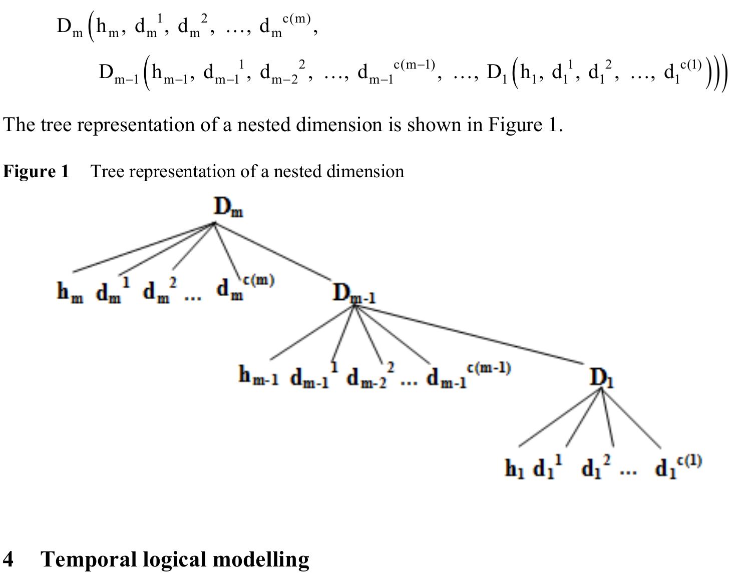 The starnest schema is extended to support the temporal aspect of a DW. The time dimension is not required to be included explicitly in the temporal starnest schema with an obvious advantage to be the elimination of join operations between the fact table and the time dimension table. In that case, the fact table must be timestamped with two time attributes, valid time and transaction time. Depending on the nature of the fact described, time attributes may be time points, time intervals or temporal elements, where a temporal element is defined as a finite set of disjoint and non-adjacent time intervals. Moreover, some but not all dimension tables are dependent on time. Therefore, only those are timestamped with two time attributes, valid time and transaction time. In a dimension with a hierarchy, tuples (supertuples) consist of nested tuples (subtuples) that have matching values for the most functional determinant attribute. The same process is applied recursively to all the attributes in the dimension. The scheme of a nested dimension table is defined as follows.