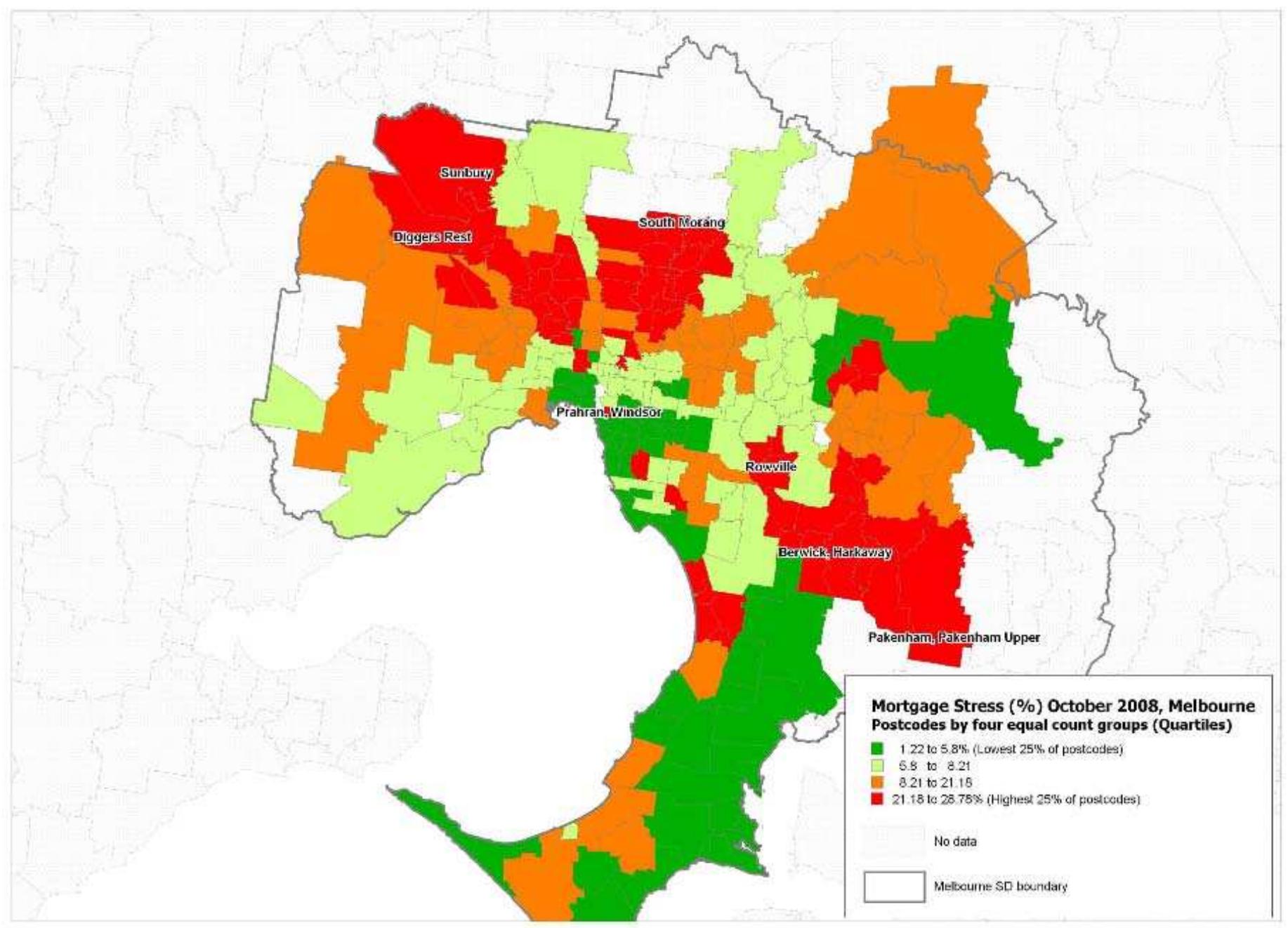 Figure 24: Mortgage stress in Melbourne, 2009
 Source: data supplied by Fujitsu Consulting
 This map matches well another representing an ‘employment vulnerability index’®
(EVI) developed by the Centre of Full Employment and Equity at the University of
Newcastle — see Figure 25.
