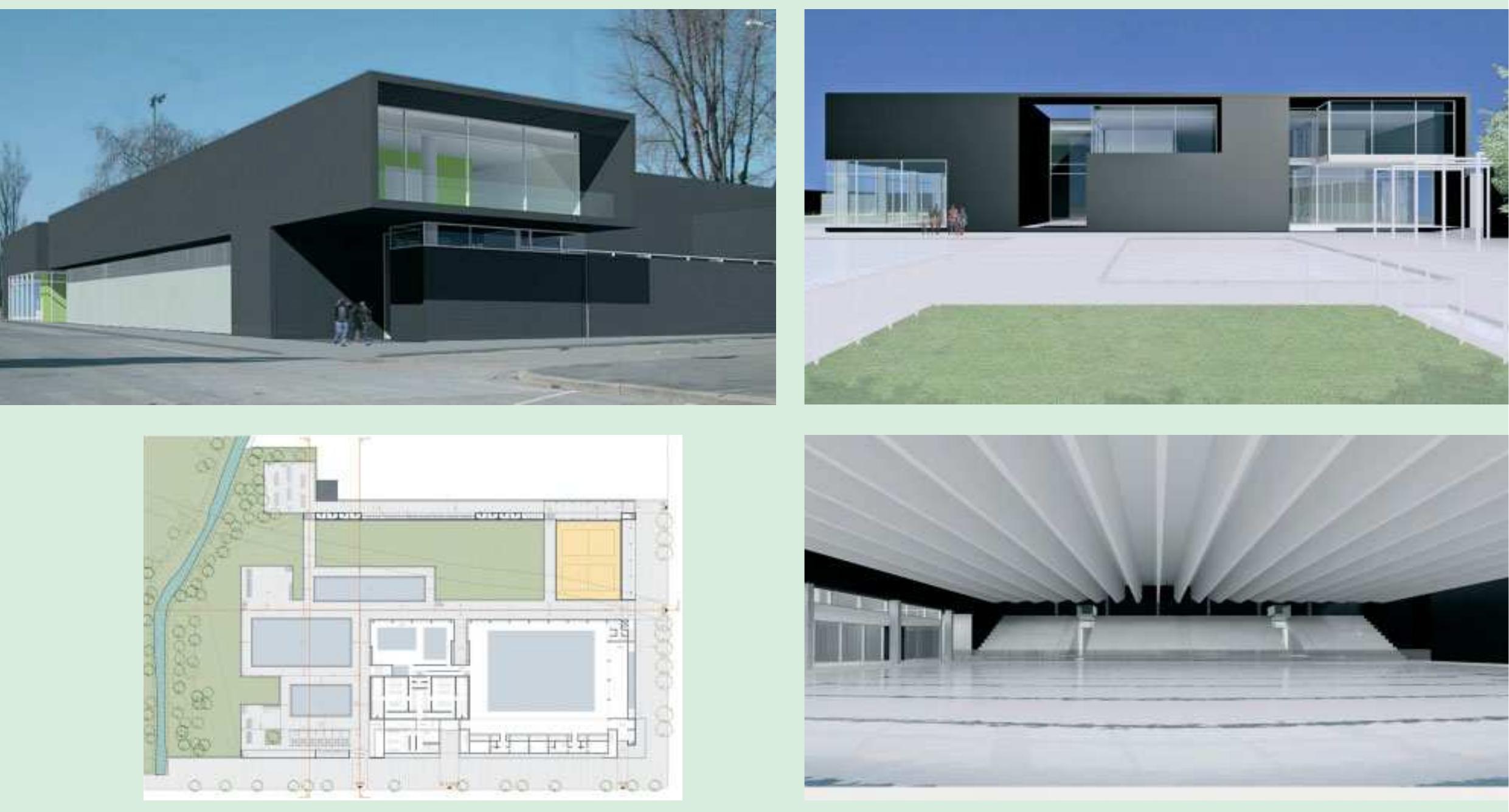 Camillo Botticini, Municipal pool, Mompiano, Brescia, Lombardy, 2005 Botticini’s work is characterised by a taste for the modern that plays with elementary volumes interrupted by oerforations or large glazed surfaces, as can be seen in the design of this pool project. 