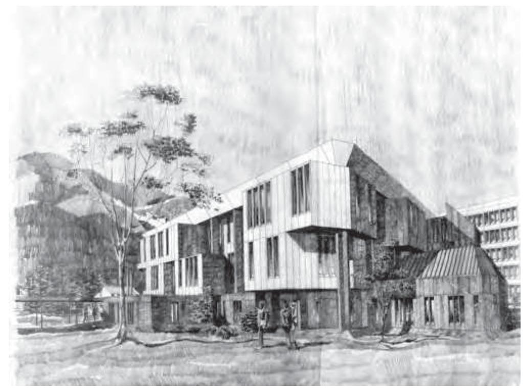 Perspective drawing of bateman library with block b in