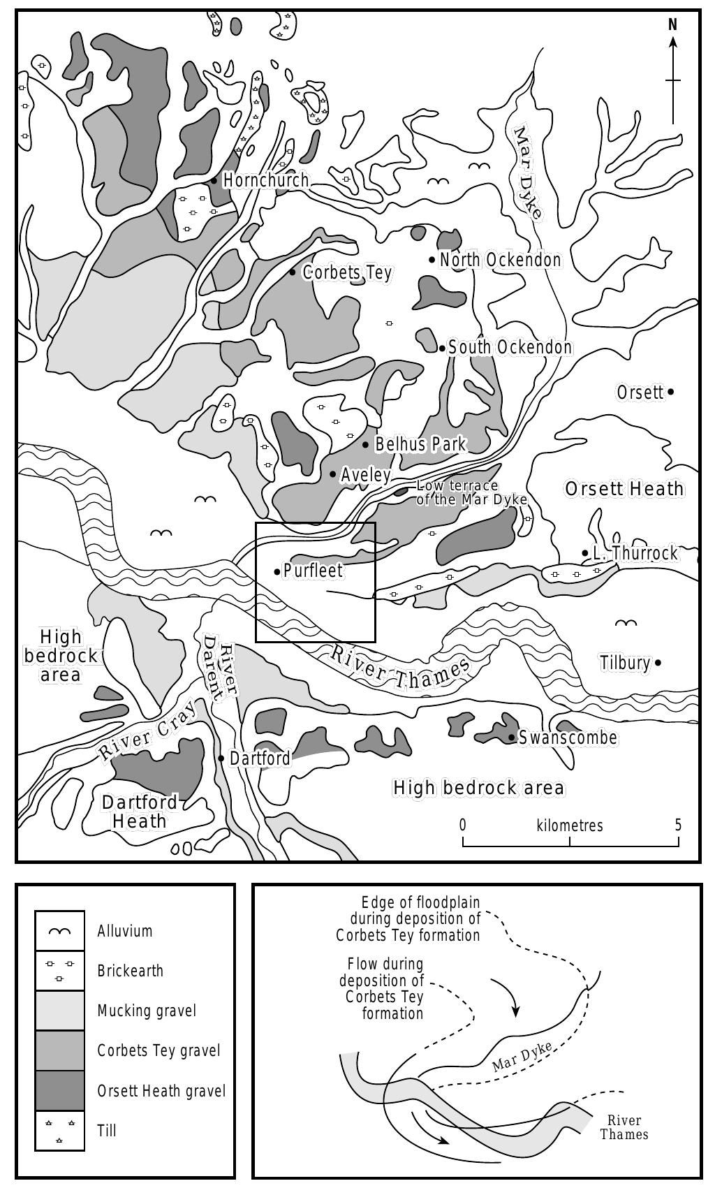 Map of the lower thames terraces (inset shows direction of